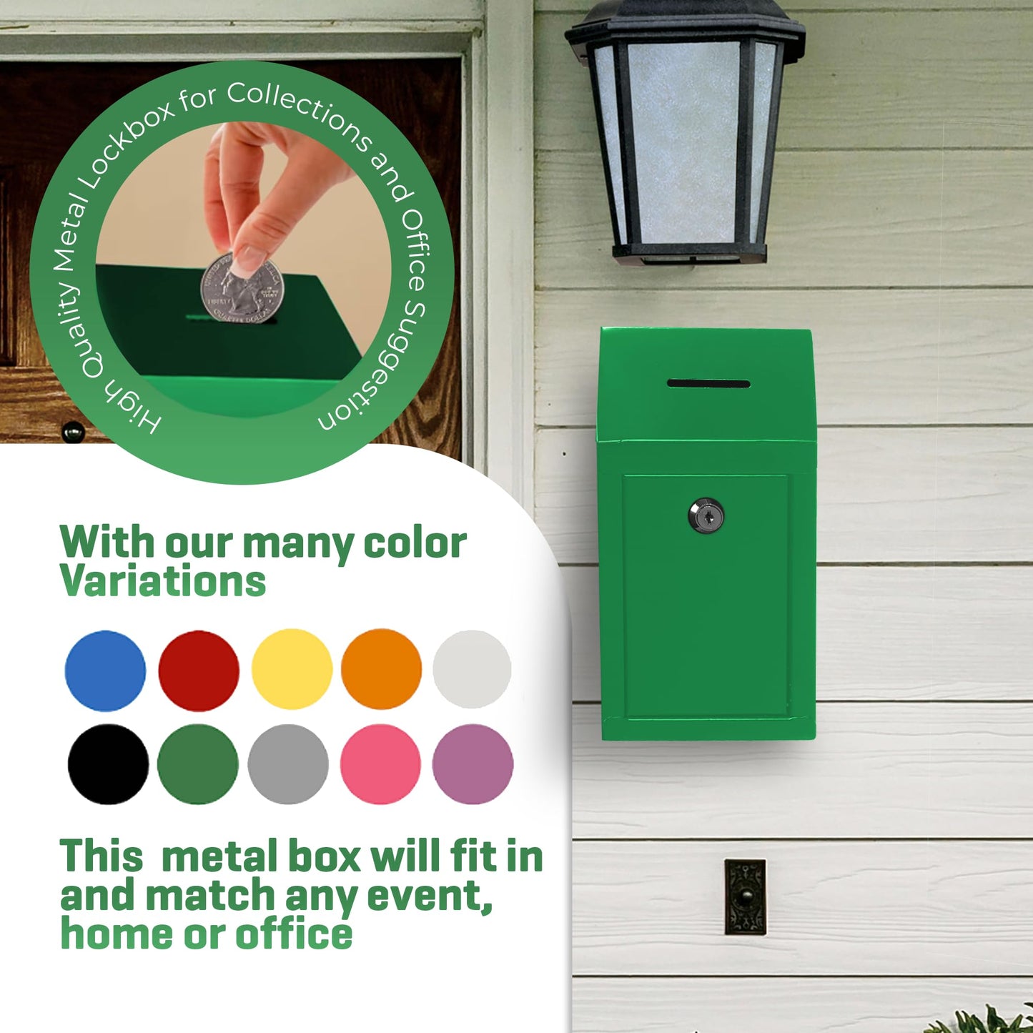 Metal donation box for wall mounting or countertop, with coin slot, lock with 2 green keys.