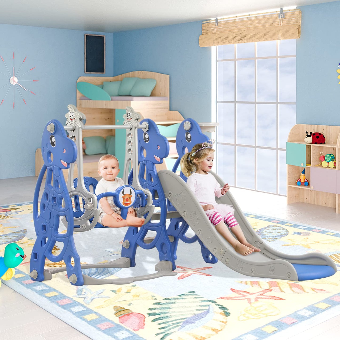 Kids slide 4-in-1 playground with basketball hoop, extra long slide, swing, easy to assemble baby slide for indoor and outdoor use, backyard (175x40x105cm)