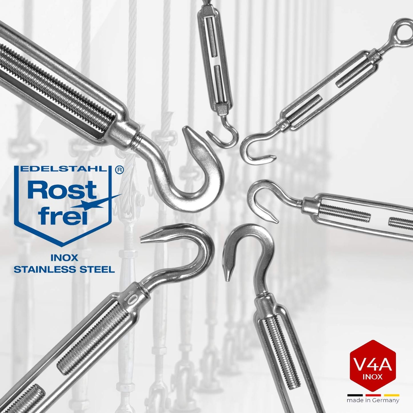 5 stainless steel turnbuckles with two eyes, rustproof in V4A according to DIN 1480 1478. Cable tensioner eye-eye screw tensioner tensioning screw M 8 mm.