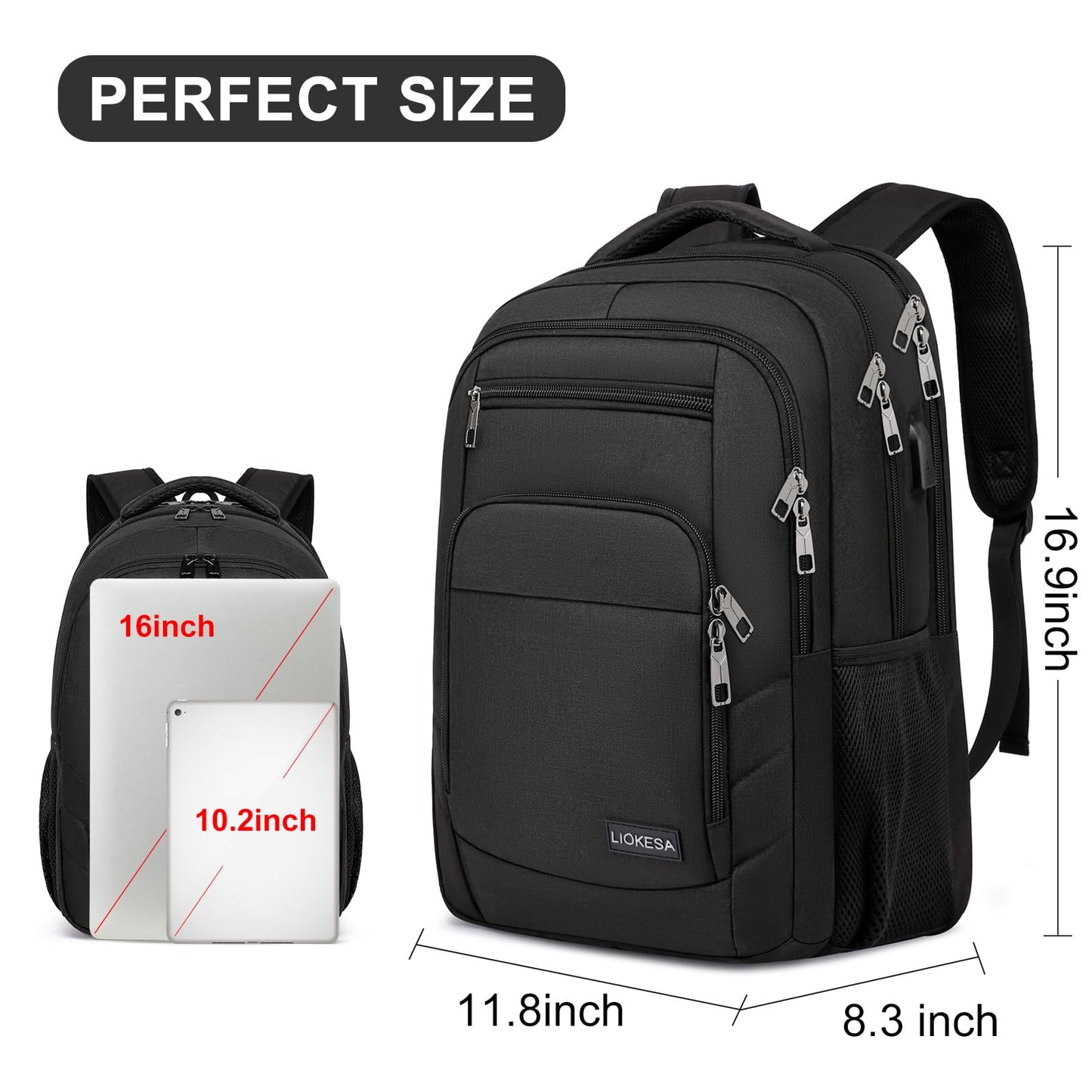 Liokesa backpack for men, 15.6 inch laptop backpack for men, school backpack for teenage boys with USB charging port for business work backpack, for college travel, work, school, black