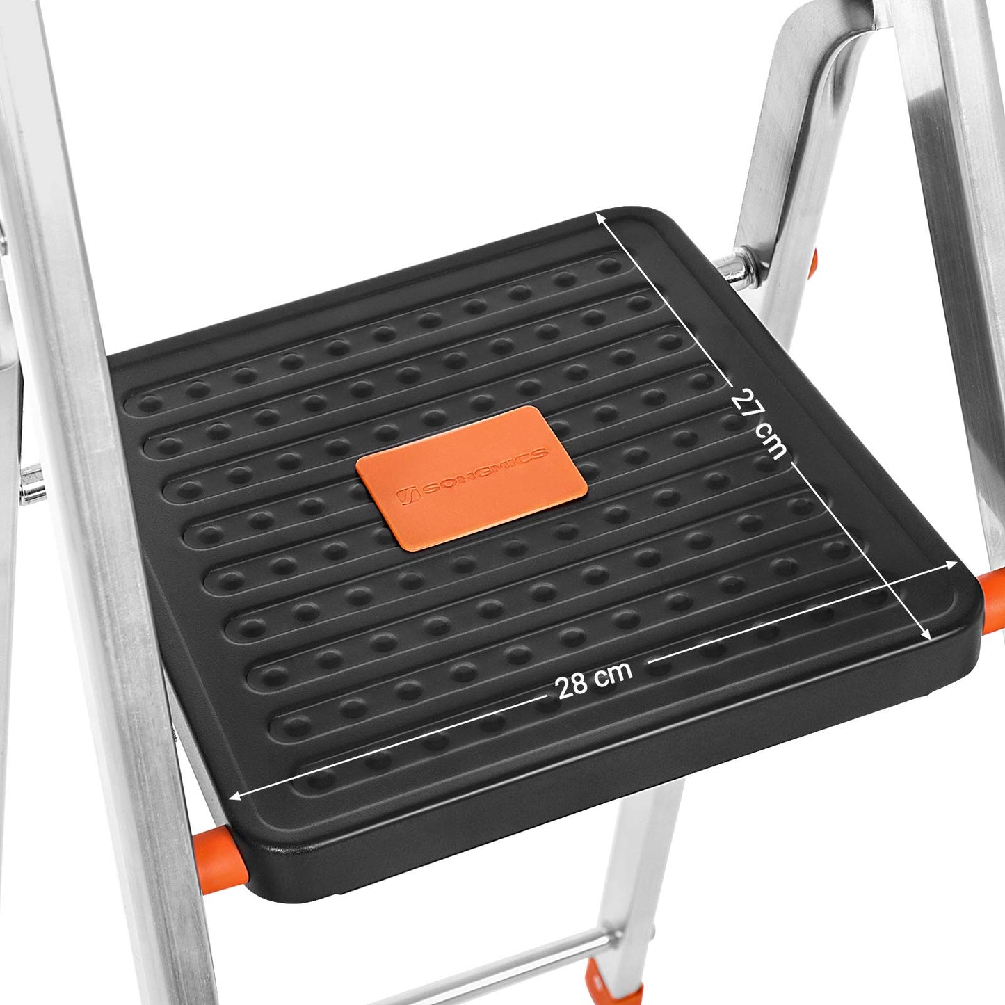 SONGMICS 4-step ladder, aluminum ladder, 12 cm wide steps with ridges, anti-slip feet, with handrail, tool tray, supports up to 150 kg, black-orange GLT04BK