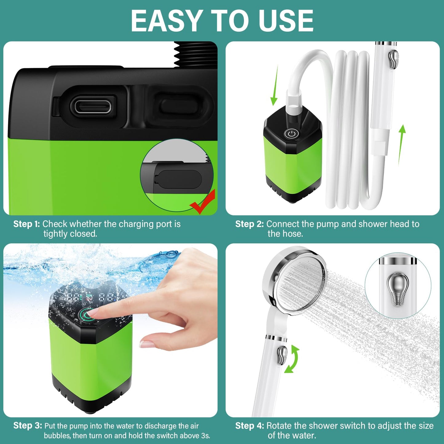 Upgrade portable camping shower, camping shower with rechargeable 6000mAh battery and temperature display, mobile shower set with shower head and hose for hiking, camping, traveling, beach, pet.