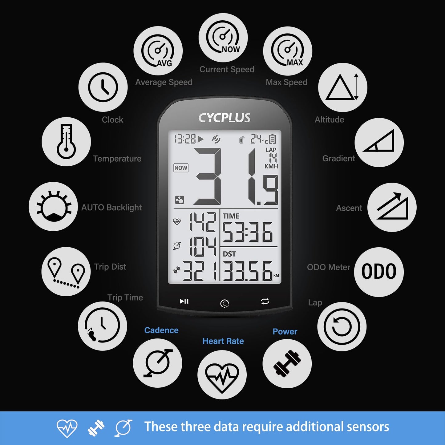 CYCPLUS bike computer GPS Wireless, 2.9 inch screen ANT+ bike computer GPS with Bluetooth function. Bike speedometer speed/cadence sensor cycling mount 3 in 1 packed