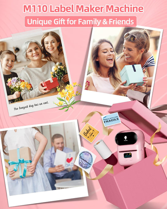 Phomemo M110 Bluetooth label printer, portable label maker with 3 label rolls, barcode printer for retail, office, and small businesses, for phones & PC - Pink.