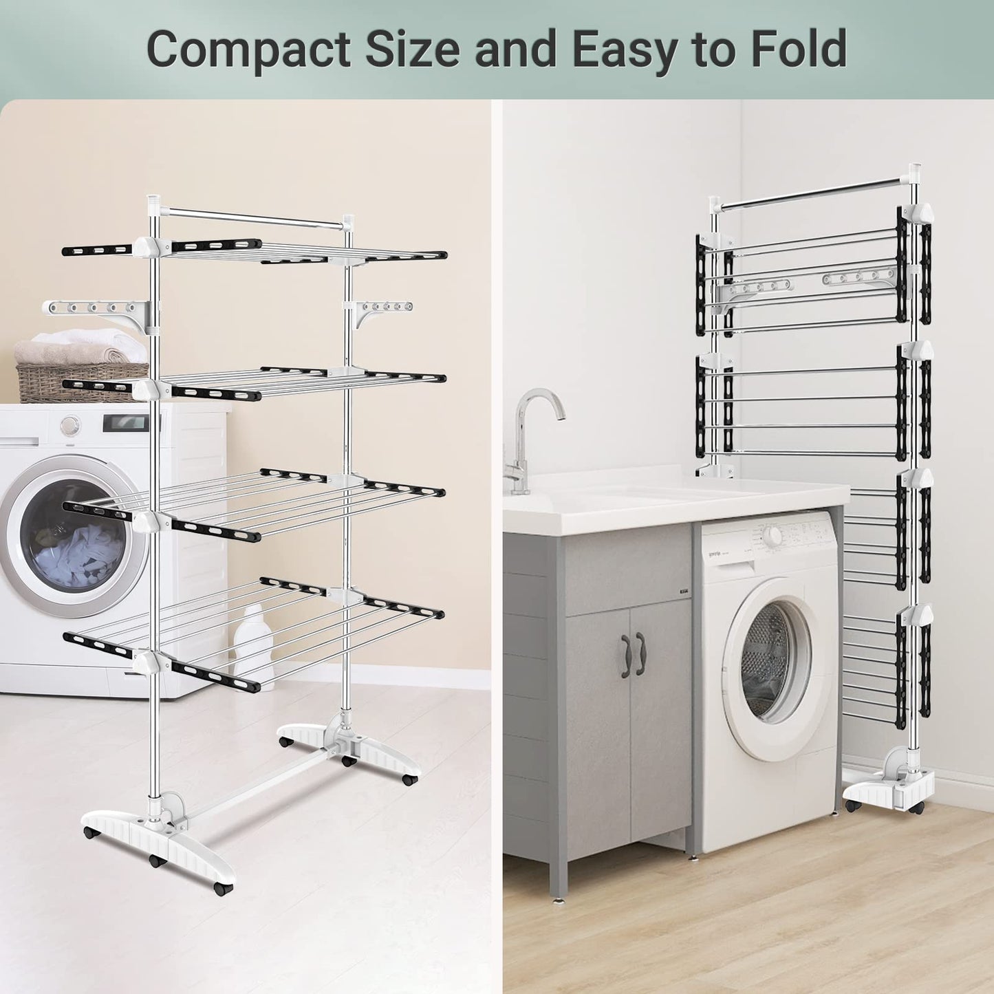 Todeco Foldable Laundry Rack Tower, 4-tier stainless steel tower dryer with 6x rollers, wings, top bar. Mobile tower laundry stand for balcony living room bathroom, Black.