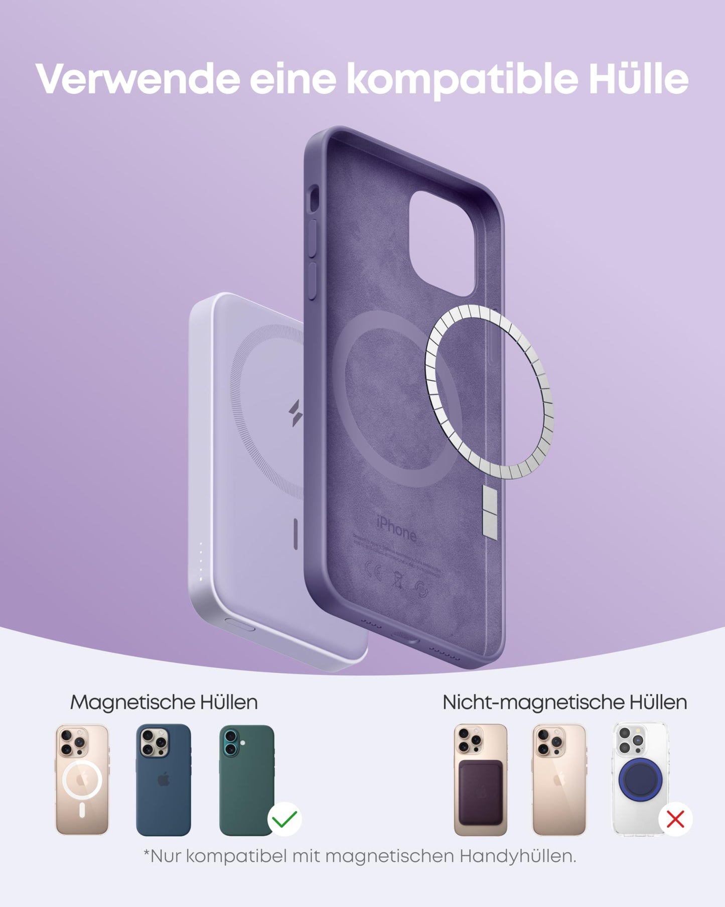 Anchor 622 Magnetic Wireless Power Bank (MagGo), 5000mAh folding magnetic power bank with USB-C for iPhone 17/16/15/14/13/12, Lavender