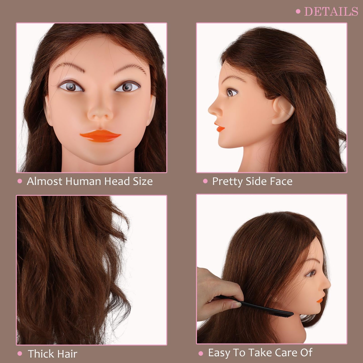 DaizySight Adult Mannequin Head 100% Real Hair, Hairdressing Training Head for Styling and Children, Practice Head Mannequin with Clamp and Hairstyling Tool, Length: 46cm, Dark Brown