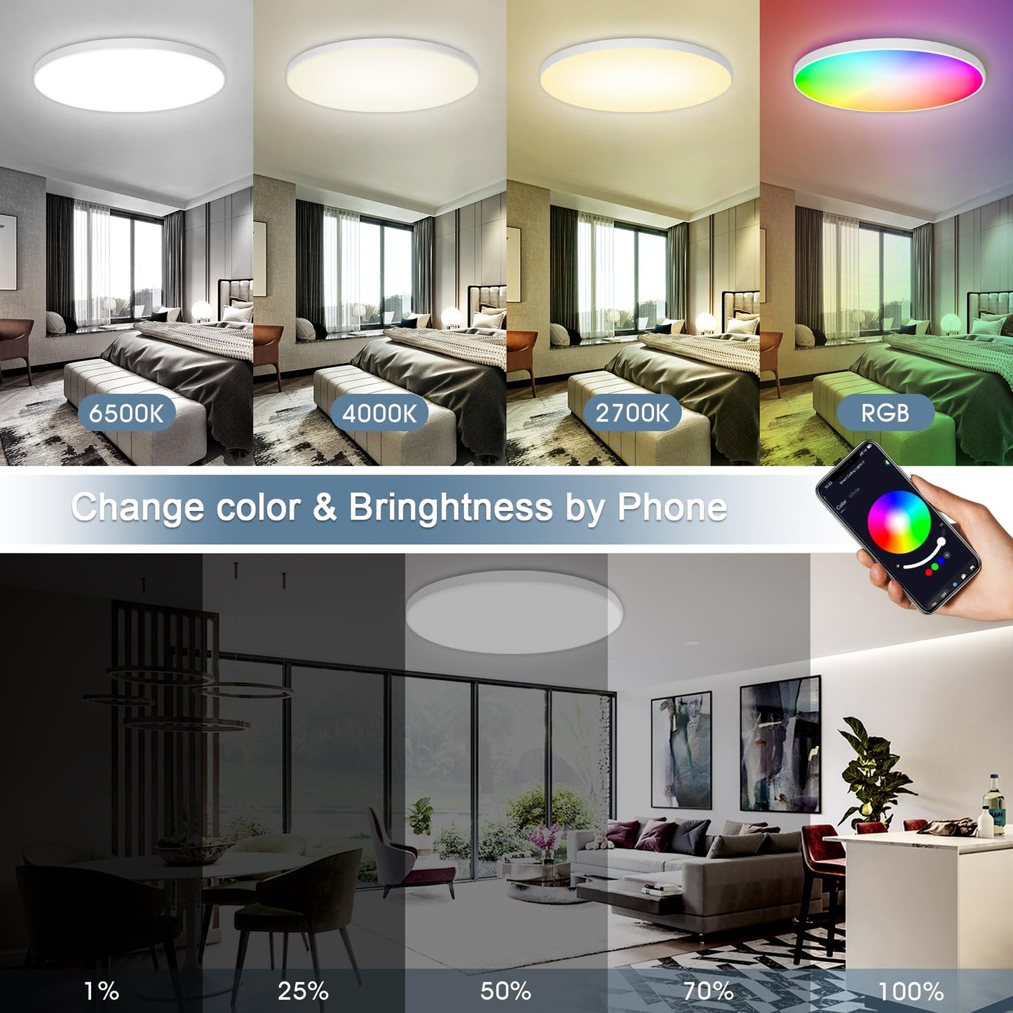 OPPEARL LED Ceiling Light Dimmable with Remote Control, 24W 16 Million RGB Color Changing Smart LED Ceiling Light Controllable via App, 2400LM Ceiling Lighting Ø30CM Lamp for Living Room Bedroom, White