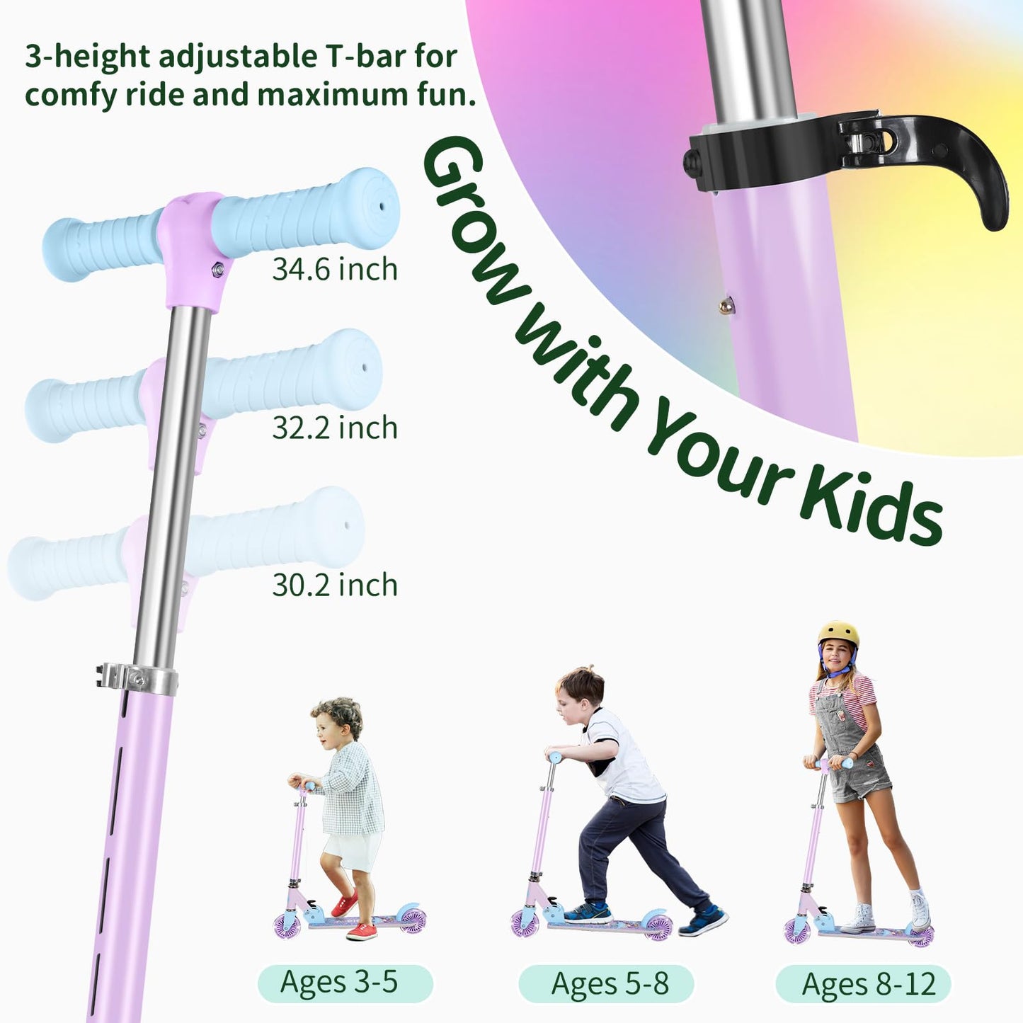 BELEEV V2 Kids Scooter, 6 years old, upgraded with LED light-up wheels, handlebar and deck, adjustable height, rear brake, foldable for kids 4 years old girls boys, for 3-12 years old.