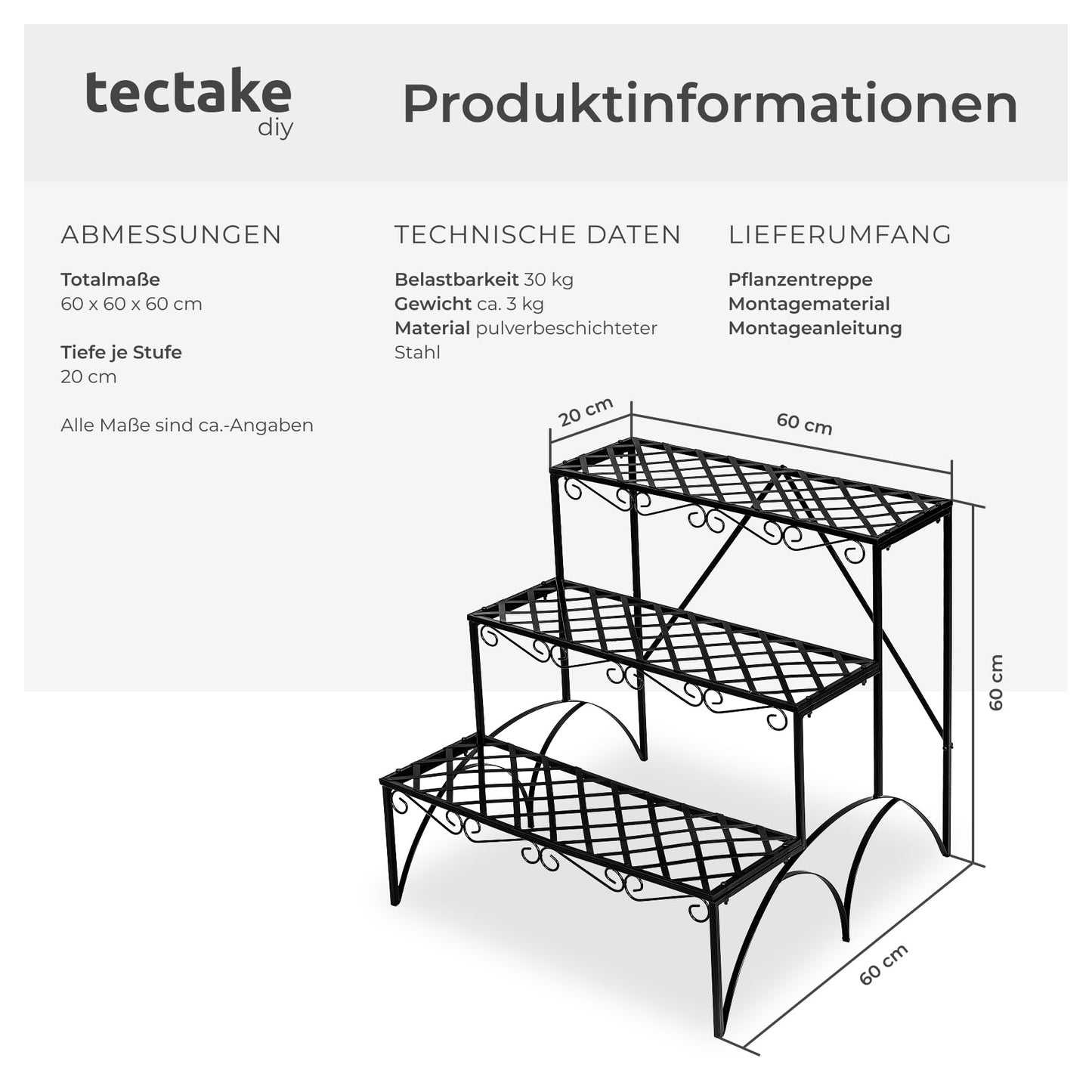 tectake® Plant stand, metal flower shelf, plant bench with 3 steps, plant rack, outdoor plant rack, flower shelf, flower stool approx. 60x60x60cm (steps straight | Number 401711)
