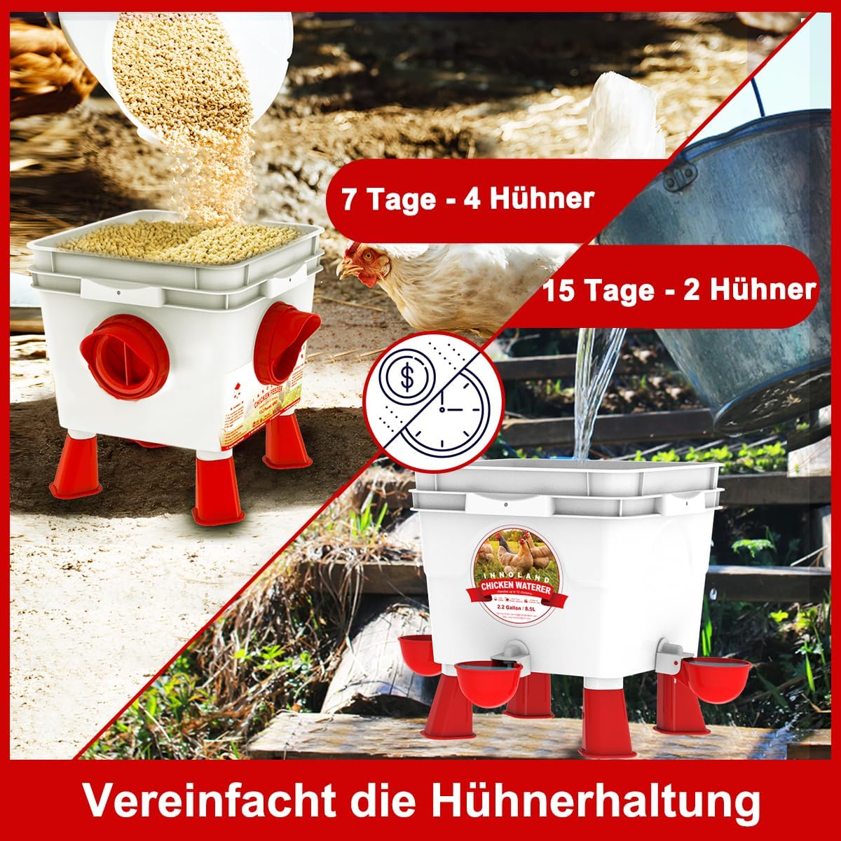 INNOLAND Chicken Feeder and Drinker Set, 6kg/8.5L | Automatic water supply and chicken feeder for poultry with 4 openings/4 bowls, adjustable legs, and steel chains