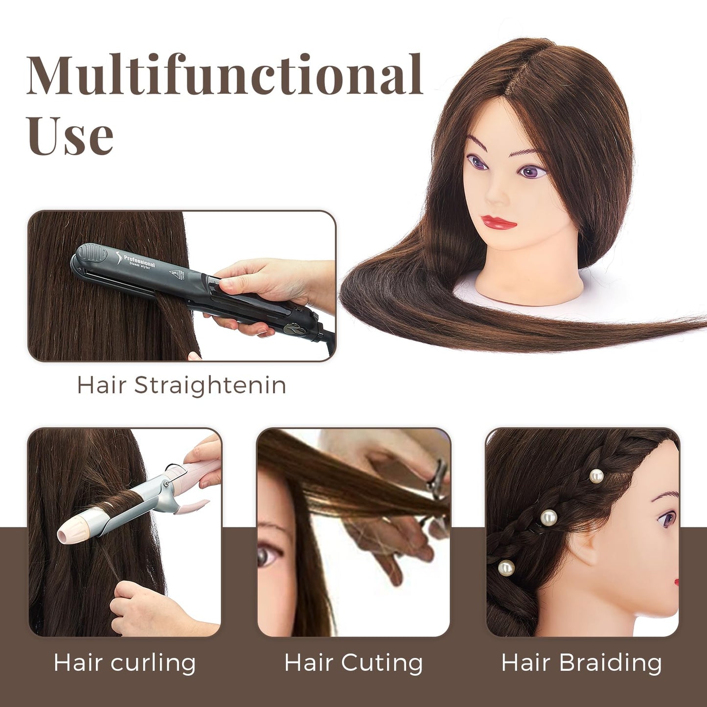 Neverland Beauty Styling Head with Practice Head Stand - 71cm 60% Real Hair, Doll Head for Styling, Training Heads for Hairdressers Training Head With Holder + DIY Hair Set (Brown)