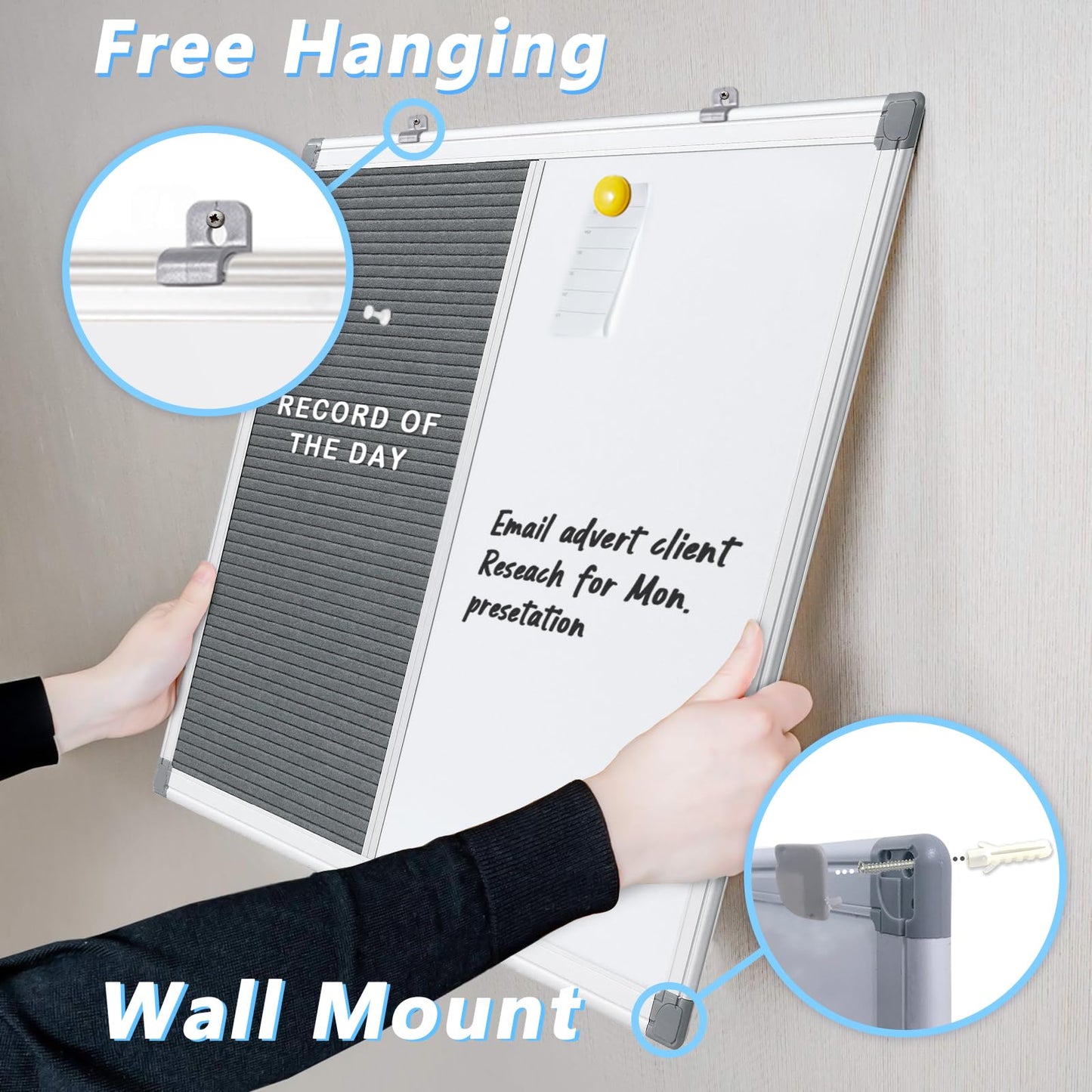 MAKELLO Magnetic Whiteboard with Pinboard - Felt Letter Board 60x45 cm, Memo Board for Kitchen, Home, and Office - includes Marker, Pins, Letters, Magnets