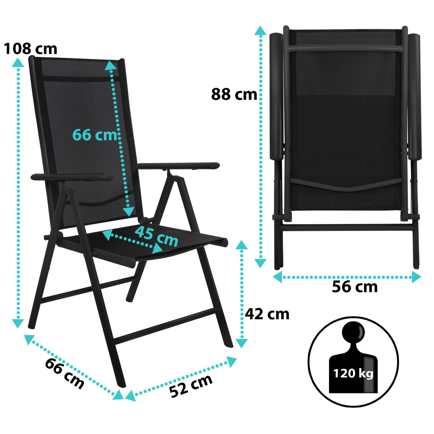 Montafox Folding Chair Set Balcony Chairs Aluminum Garden Chair Adjustable Foldable Load Capacity 120 kg Outdoor High-Back Aluminum Folding Chair Double Pack Balcony Terrace, Color:Black, Quantity:4 Pieces
