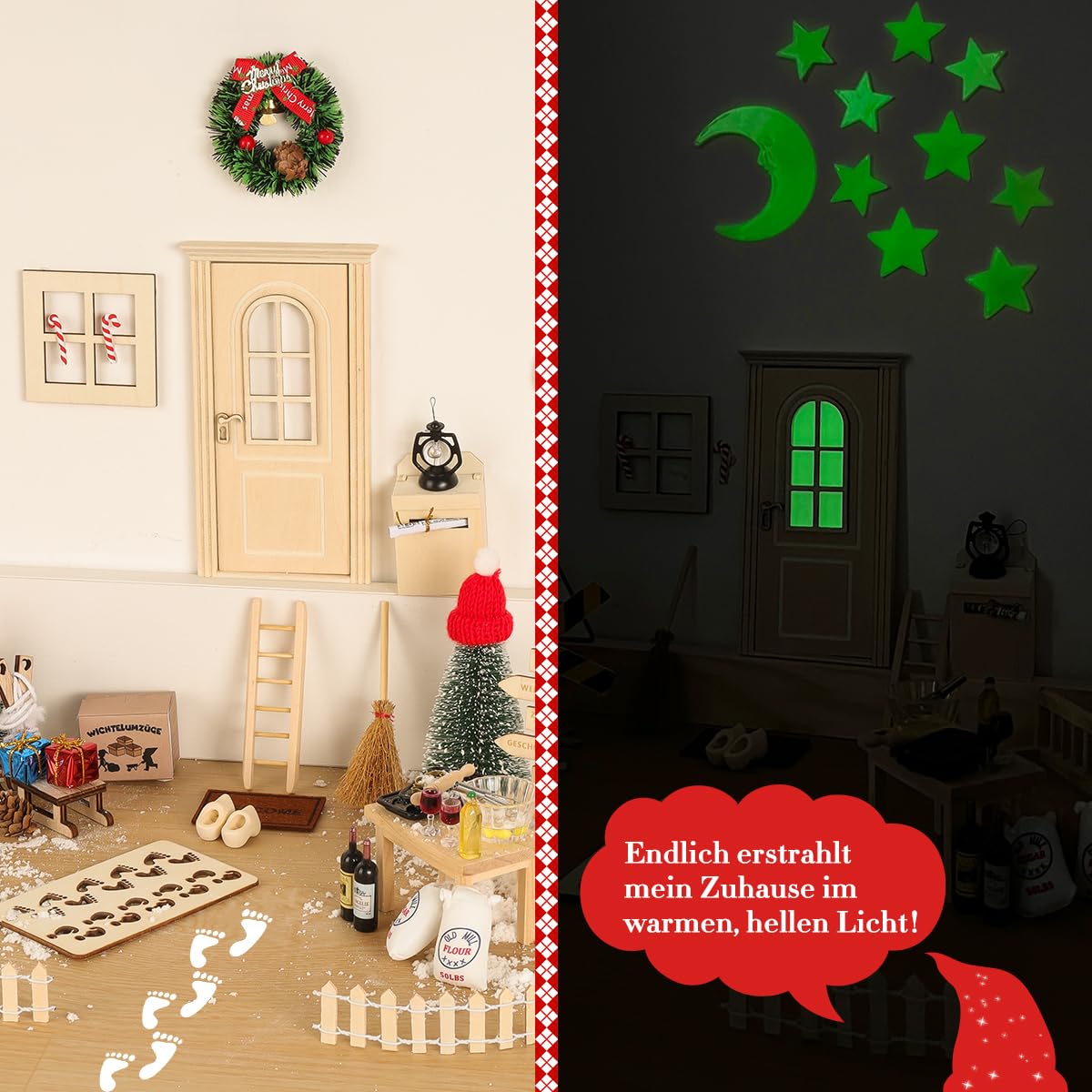 65pcs Elf Door Set with Letters, Elf Accessories Glow in the Dark Complete Set, Fairy Door Baking Site Easel, Advent Calendar Fairy Door Craft Set Elf House DIY Gifts