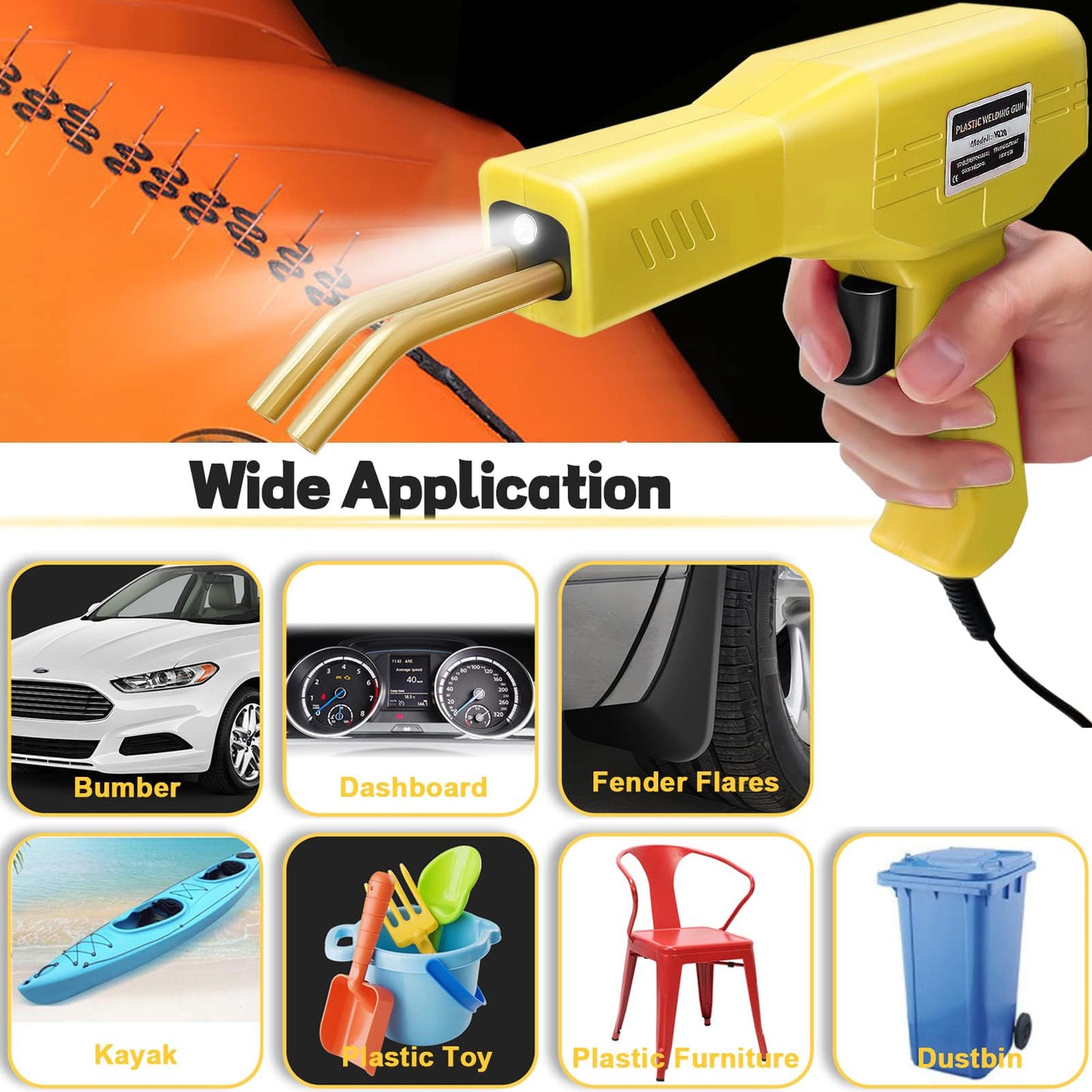 220W Plastic Welding Machine 2 in 1 Bumper Repair Kit Plastic Welding with 800PCS Hot Staples, 2 Thermal Smoothing Head, 40PCS Plastic Welding Rods, Plastic Repair Set for Car (Yellow)