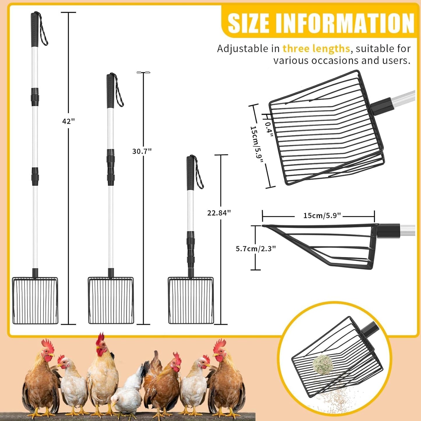 2pcs Chicken Coop Accessory Chicken Poop Scooper Adjustable Poultry Shovel for Cleaning Sieve Scoop for Chicken Coop Separating FECES and Debris from Sand Chicken litter Shovel Accessory