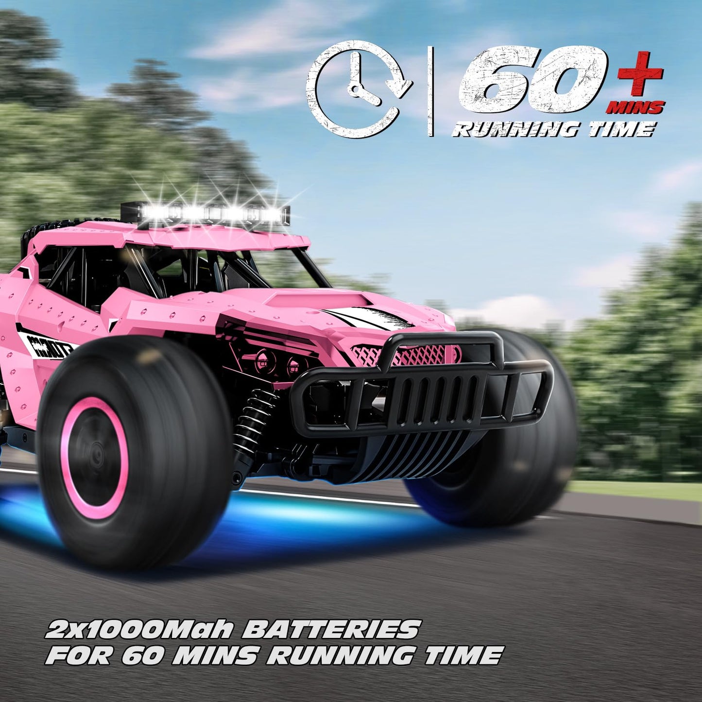 Tecnock Remote Control Car 1:16 with headlights and chassis lighting, All Terrain Off Road RC Monster Truck 2.4GHz Toy, 2 batteries for 60 min runtime - Gift for adults and children.