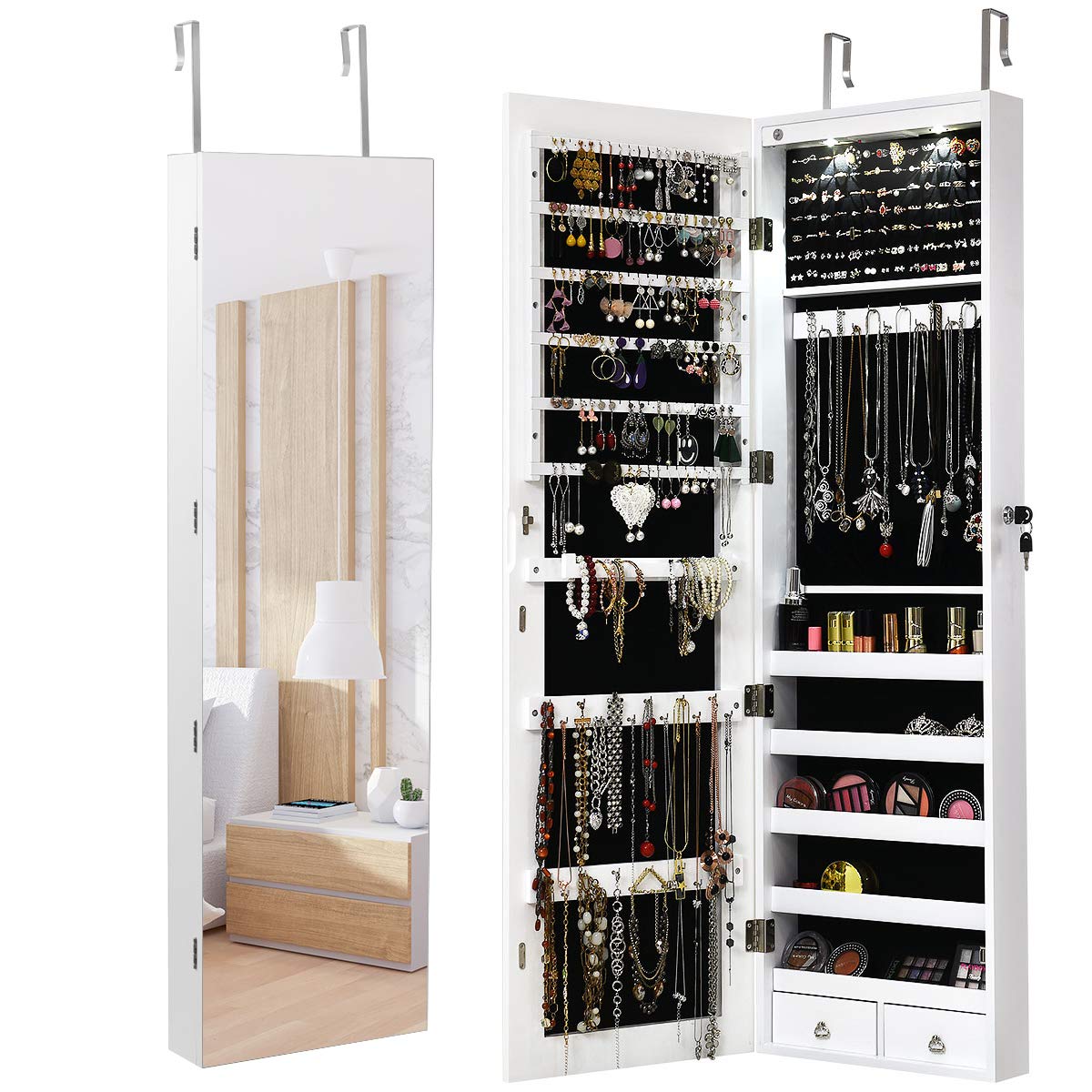 RELAX4LIFE Hanging Jewelry Cabinet, Mirror Cabinet with LED Lighting & Mirror & Lock, Jewelry Organizer for Earring & Bracelet & Necklace & Ring & Cosmetics, Door & Wall Mount, 120x35.5x10cm (White)