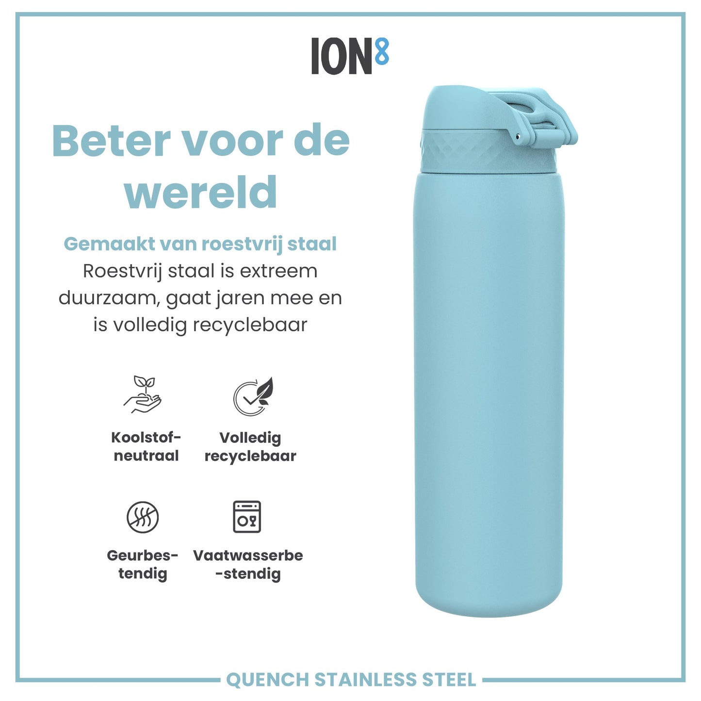 ION8 1 Liter Lightweight Stainless Steel Water Bottle, Non-Insulated, Leak-proof, One-handed opening, Secure locking, Dishwasher safe, Flip lid, Carry handle, Easy to clean, Alaskan Blue