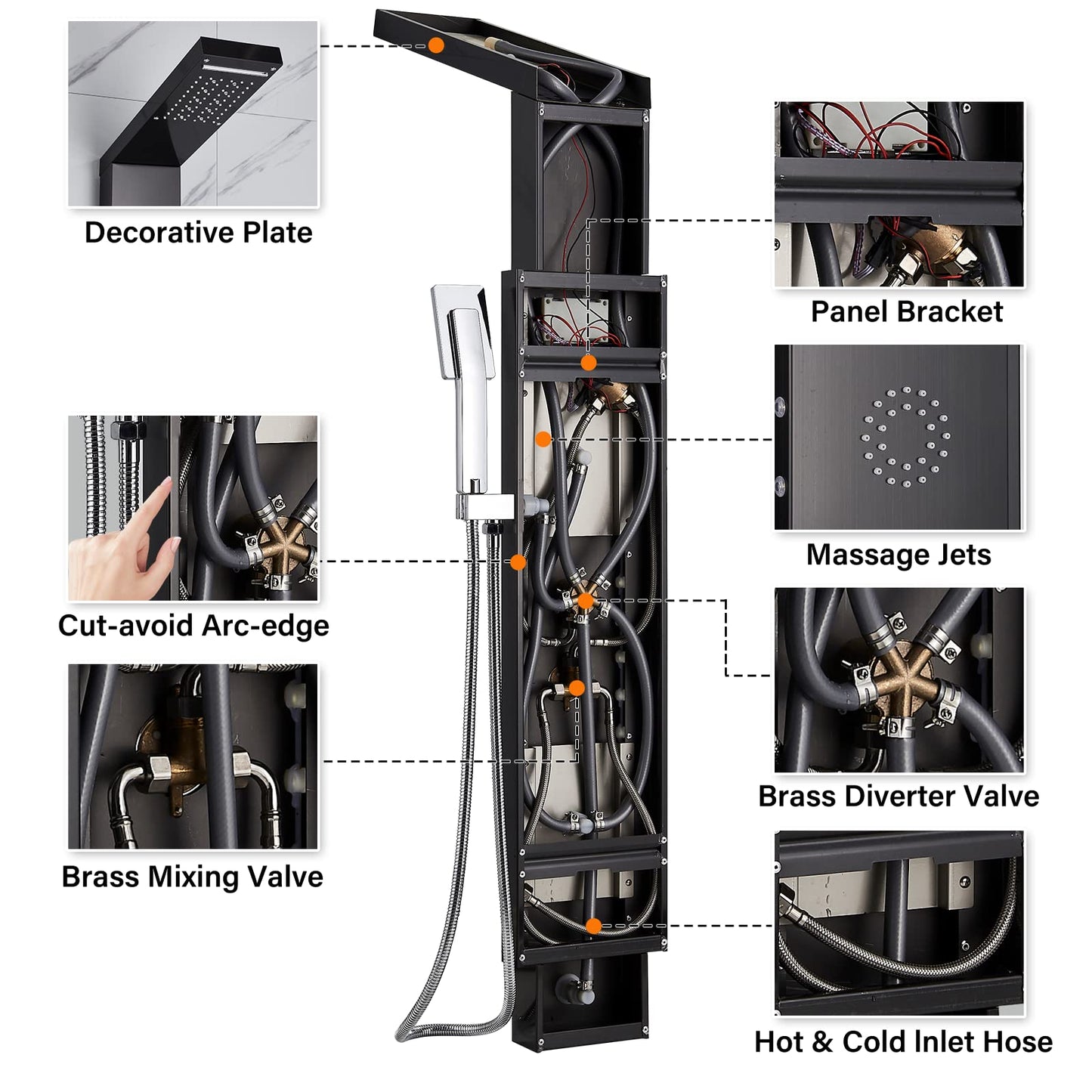 Black LED Multifunction Shower Panel with Stainless Steel Corner Mount Rain Shower Column Bathtub Faucet Shower System Shower Set No Battery Shower Fixture Set Hevenaov