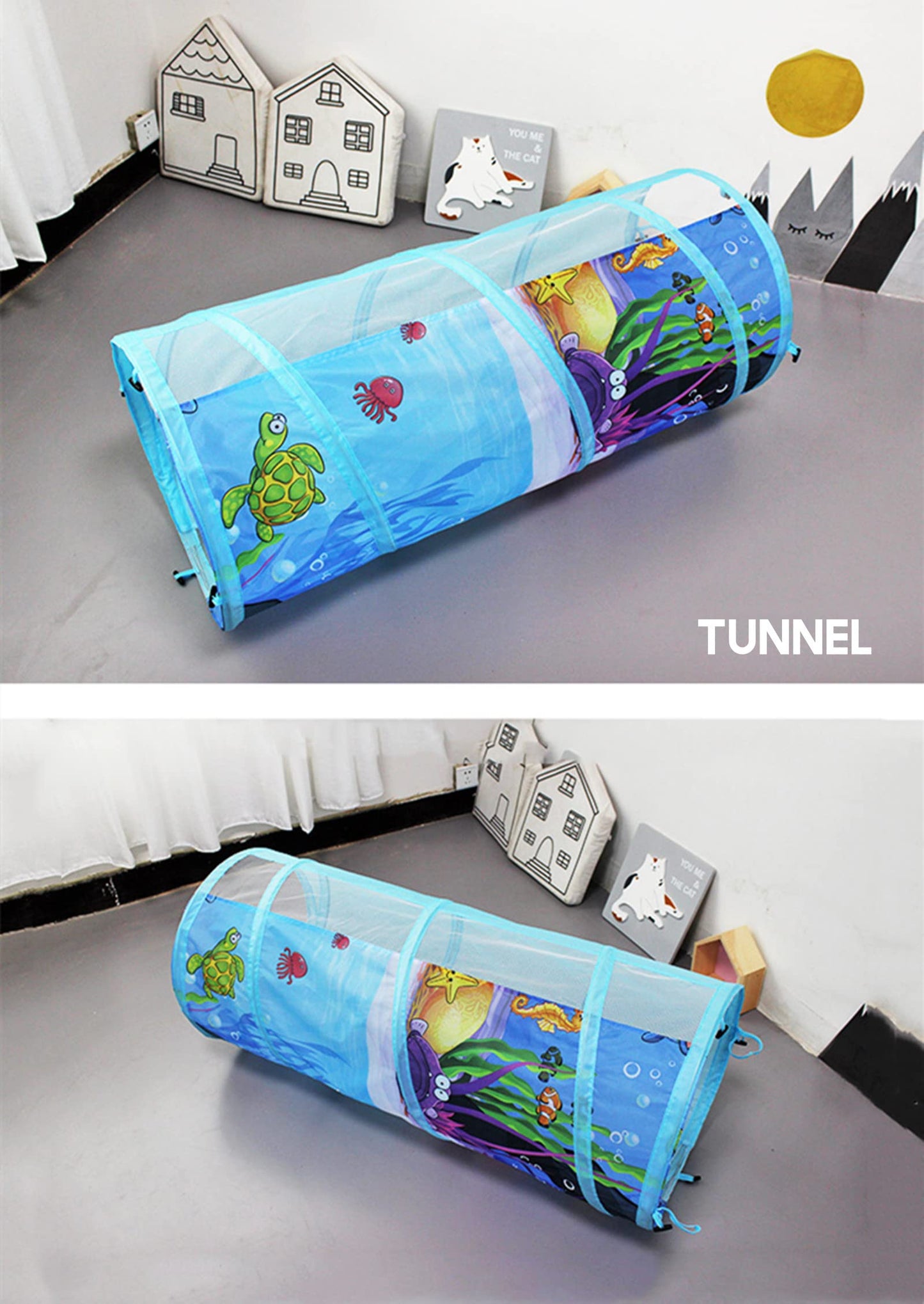 Benebomo 3 in 1 play tent with tunnel, kids tent with tunnel, Blue Ocean children's tent, crawl tunnel with tent, large garden playhouse tent, for girls indoors and outdoors.