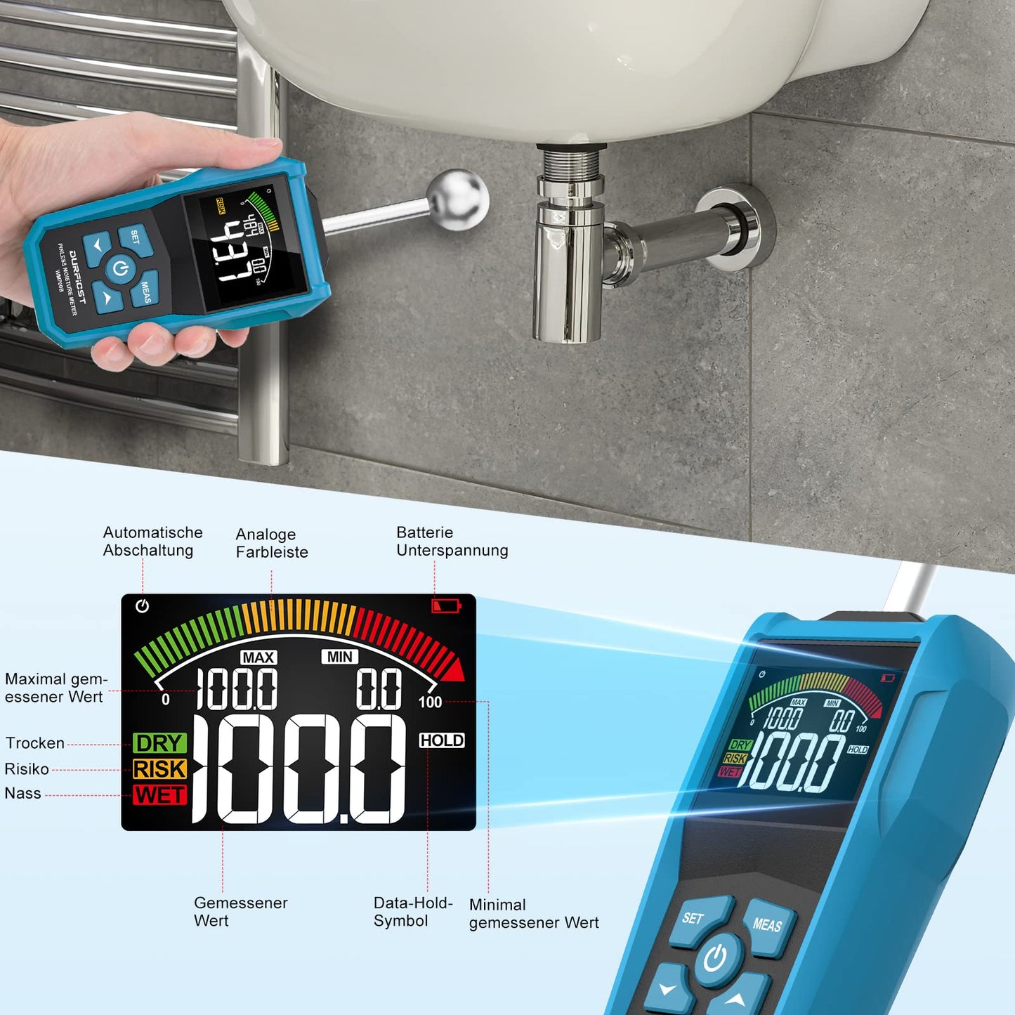 Moisture meter, DURFICST moisture gauge with color LCD and audible alarm, suitable for all building materials, wood, walls, plaster, masonry, 20-40 mm analysis depth.