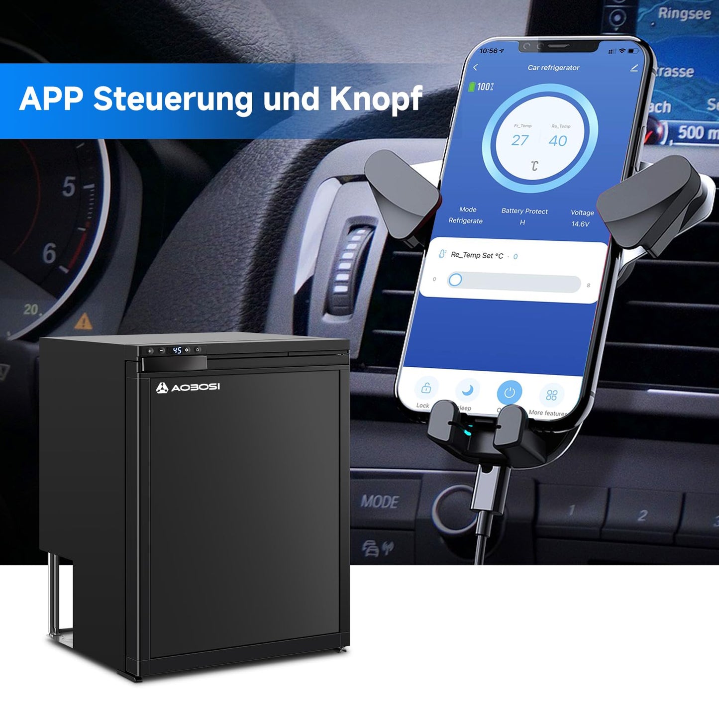 AAOBOSI 65L Compressor Cooler, RV Fridge with APP Control, 12/24V DC, Car Cooler with LED Lights, up to -20℃ Compressor fridge for Car, Truck, Boat, RV, Camping and Travel.
