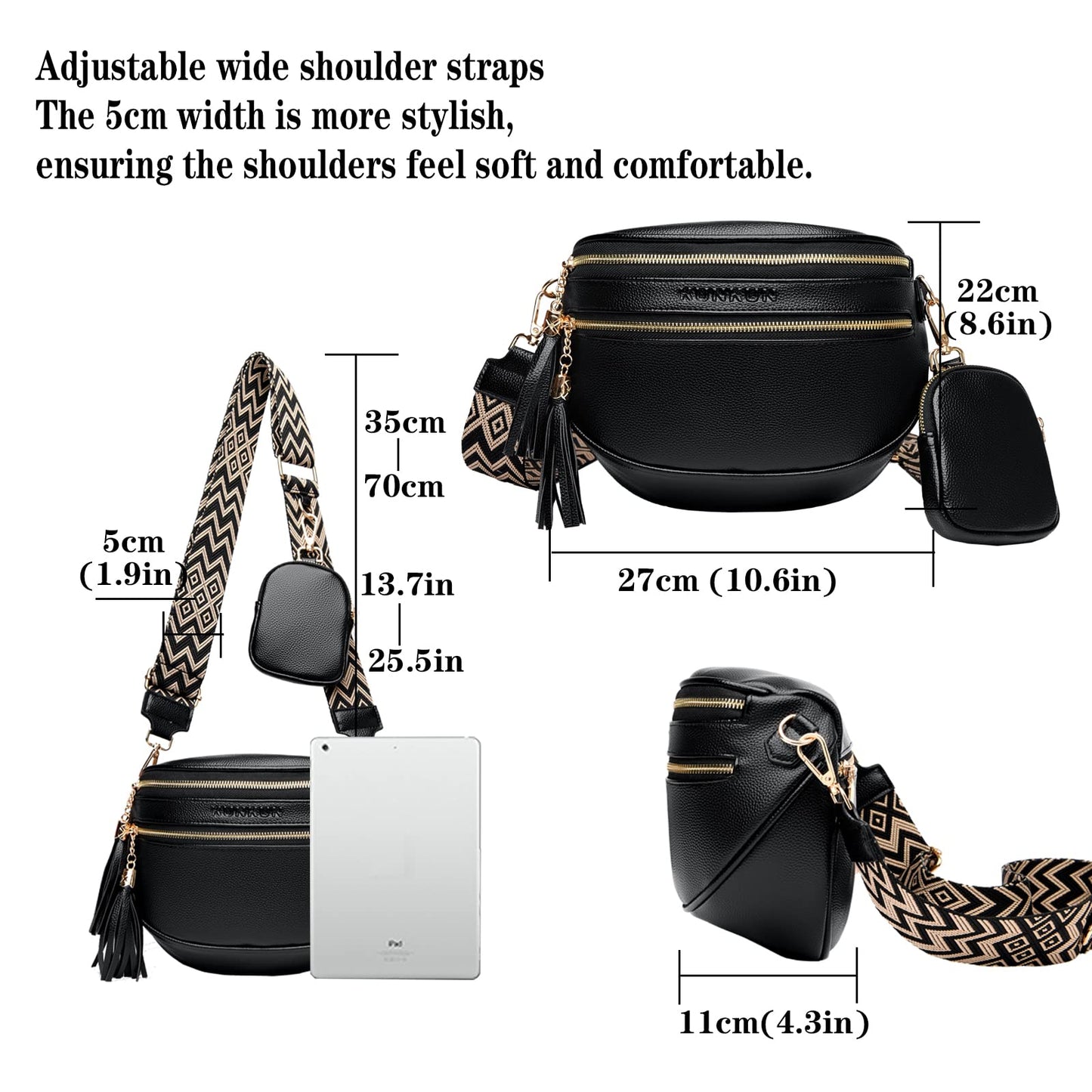 KUNKUN crossbody bag women wide strap shoulder bag large fanny pack vegan leather chest bag stylish blue with coin purse