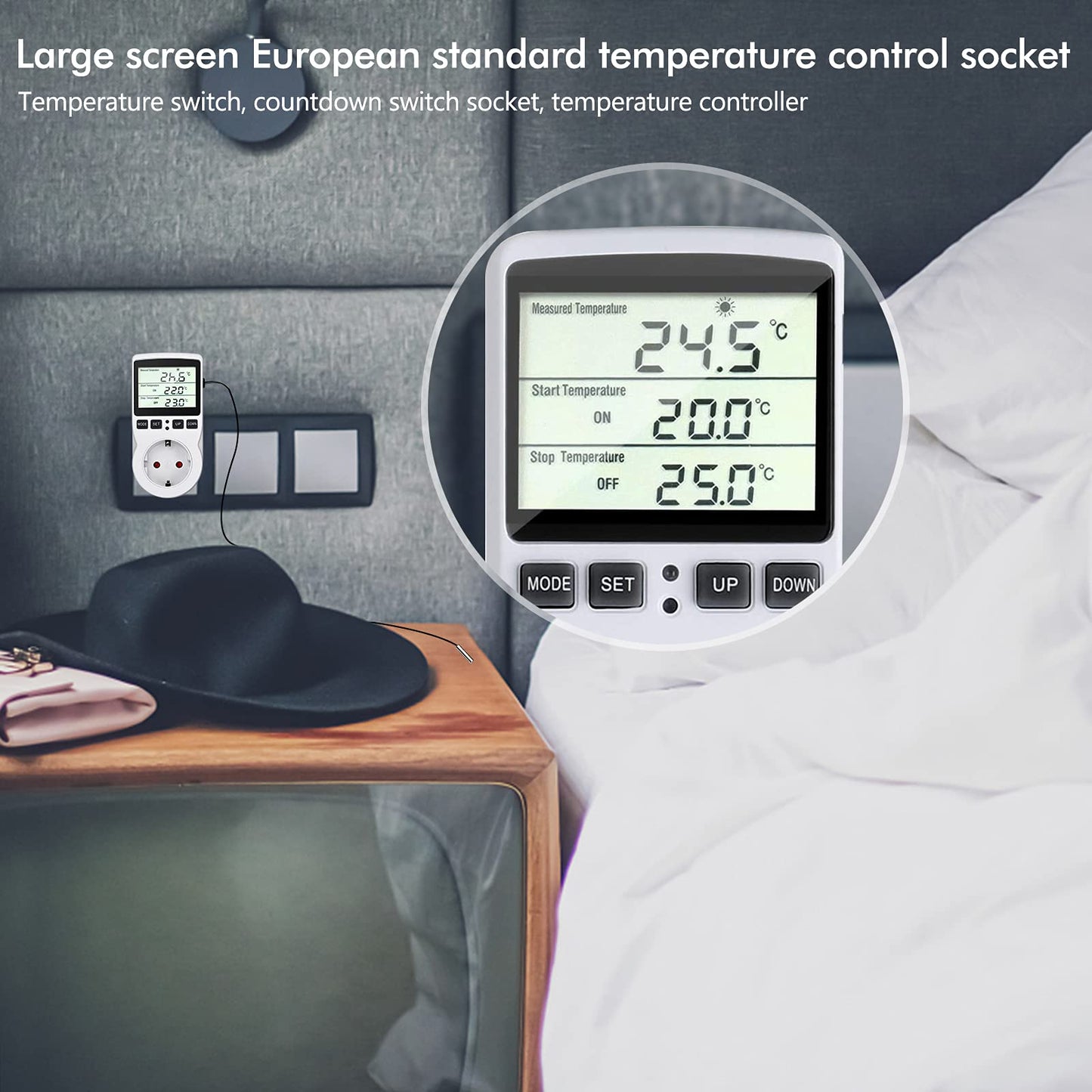 Temperature controller 230v Digital Thermostat Socket Plug thermostat with sensor Timer, Temperature socket heating cooling for greenhouse heating blanket water tank
