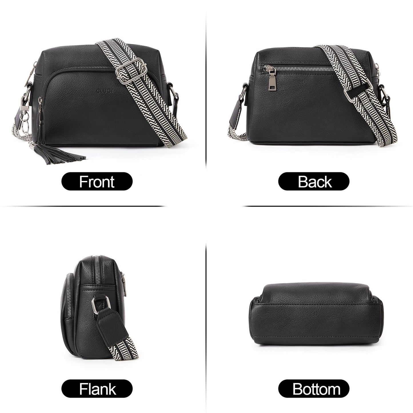 CLUCI Women's Crossbody Bag with Wide Strap, PU Leather Shoulder Bag with Fringe, Adjustable Shoulder Strap, Small Handbag in Black
