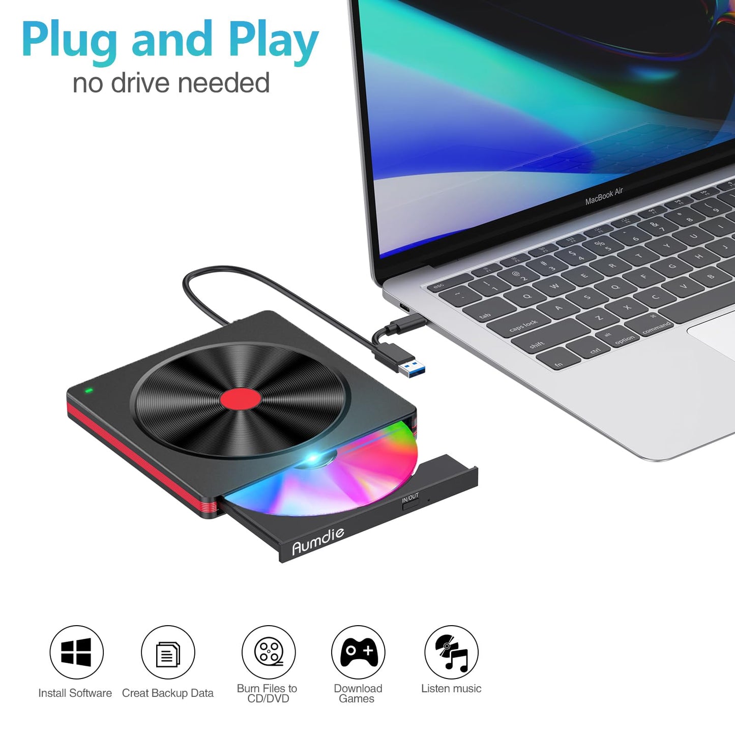 External DVD CD Drive, USB 3.0 & Type-C Portable CD DVD +/-RW Burner Optical Drive External CD ROM/DVD Drive for PC Laptop Desktop MacBook Windows 11/10/8.1/7 Linux/Mac