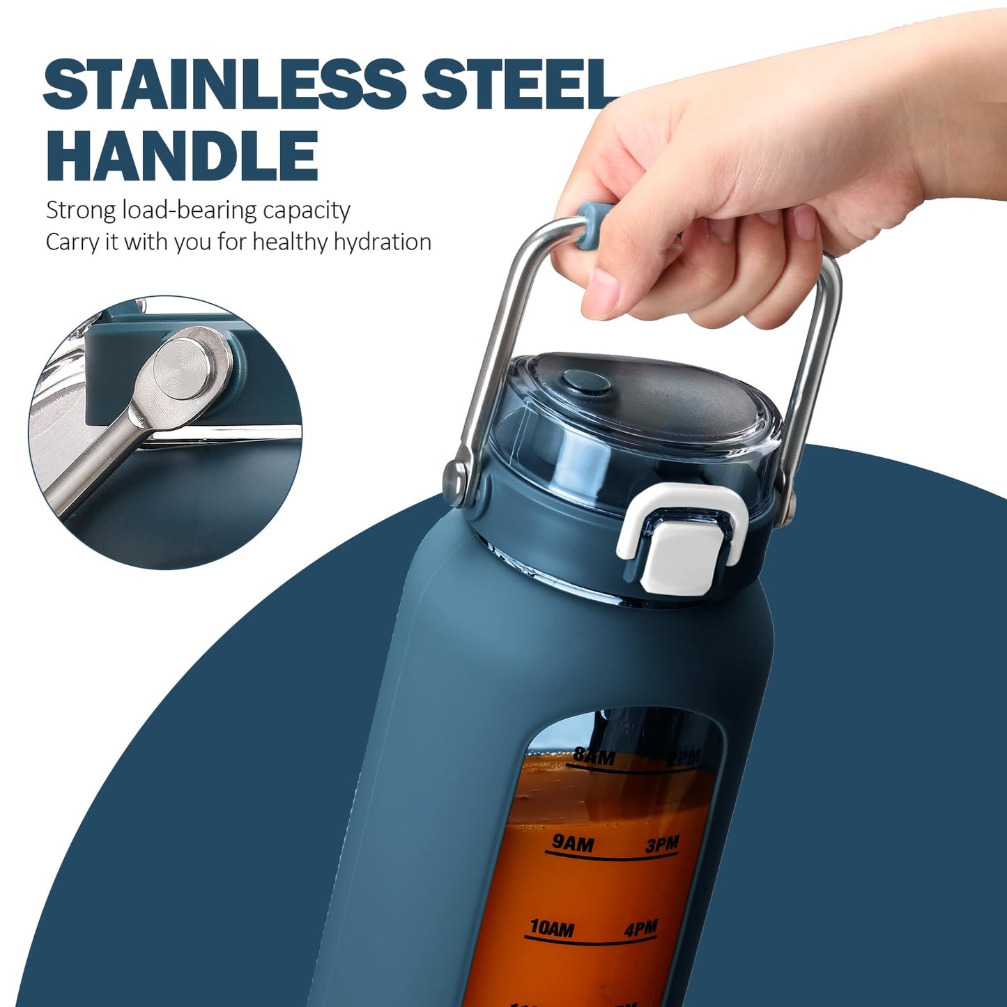 BLUEGO 2000ml glass water bottle with stainless steel handle and time marking 2L drinking bottle borosilicate glass with silicone sleeve and straw for gym outdoor sports water bottles BPA free, dark blue