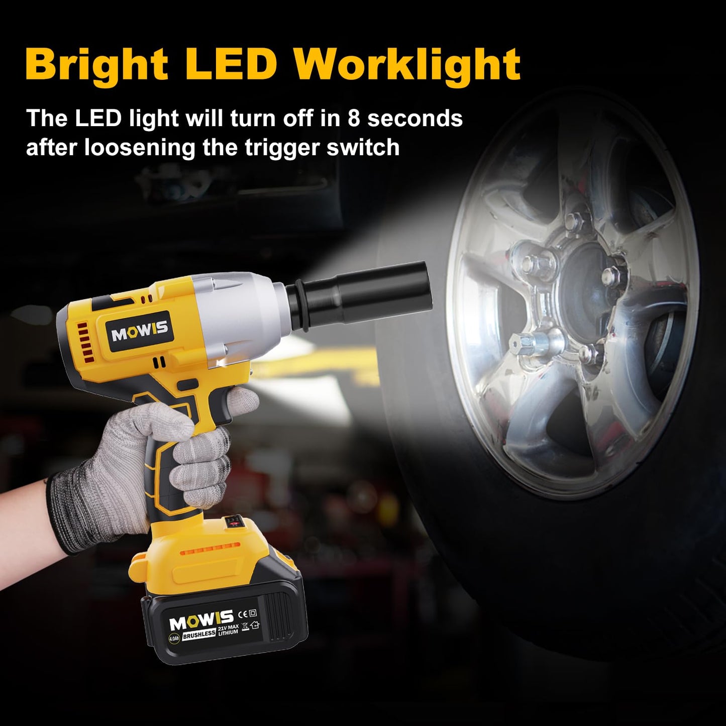Mowis 700N.m professional 21V cordless impact wrench with 4.0Ah battery, 4800 RPM brushless motor, 3 variable speeds, 4 sockets for automotive and household use.