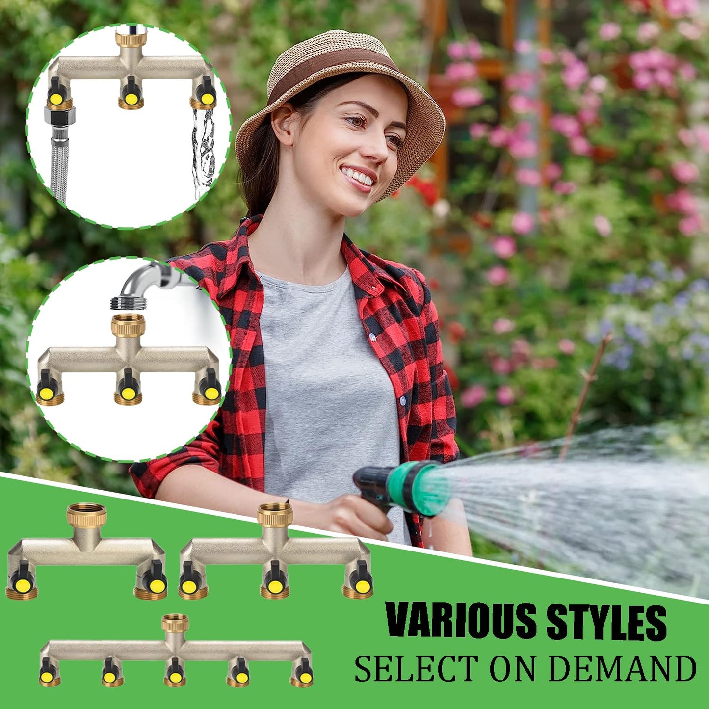 5-way splitter water 3/4 inch brass water connection splitter for 5 devices/garden hoses, hose splitter faucet splitter with ball valve for adjusting and shutting off water flow.