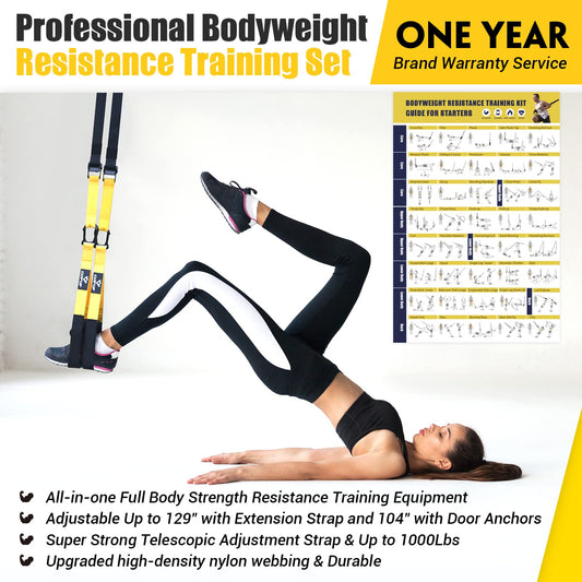 COFOF Suspension Trainer - Professional sports kit for full body training, with large handles, door anchor attachment, carrying bag, and exercise guide for home gym.