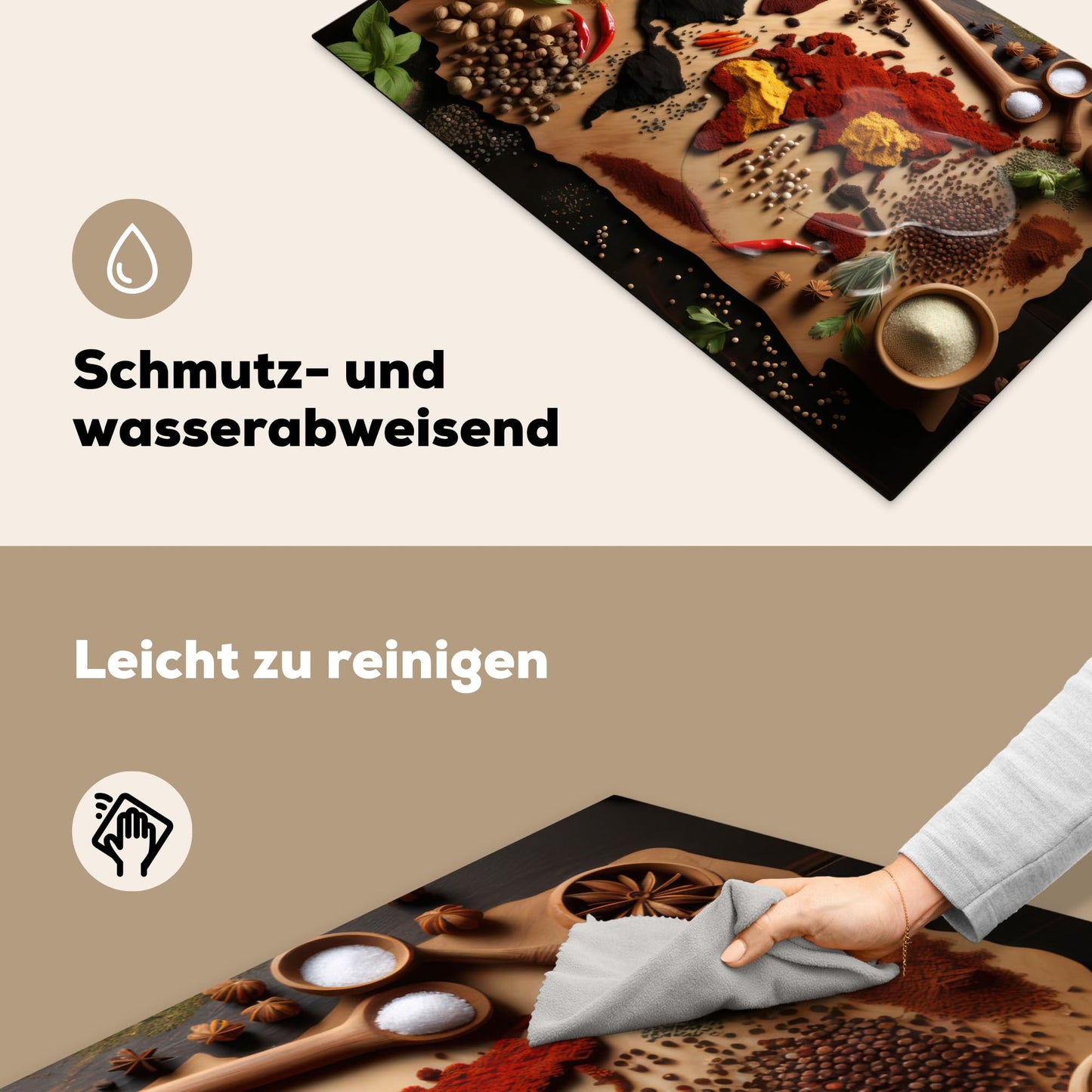 KitchenYeah© Induction stove cover protection mat kitchen stove cover induction mat ceramic hob cover herbs - spices - world map - brown - spoon - kitchen - 83x51 cm