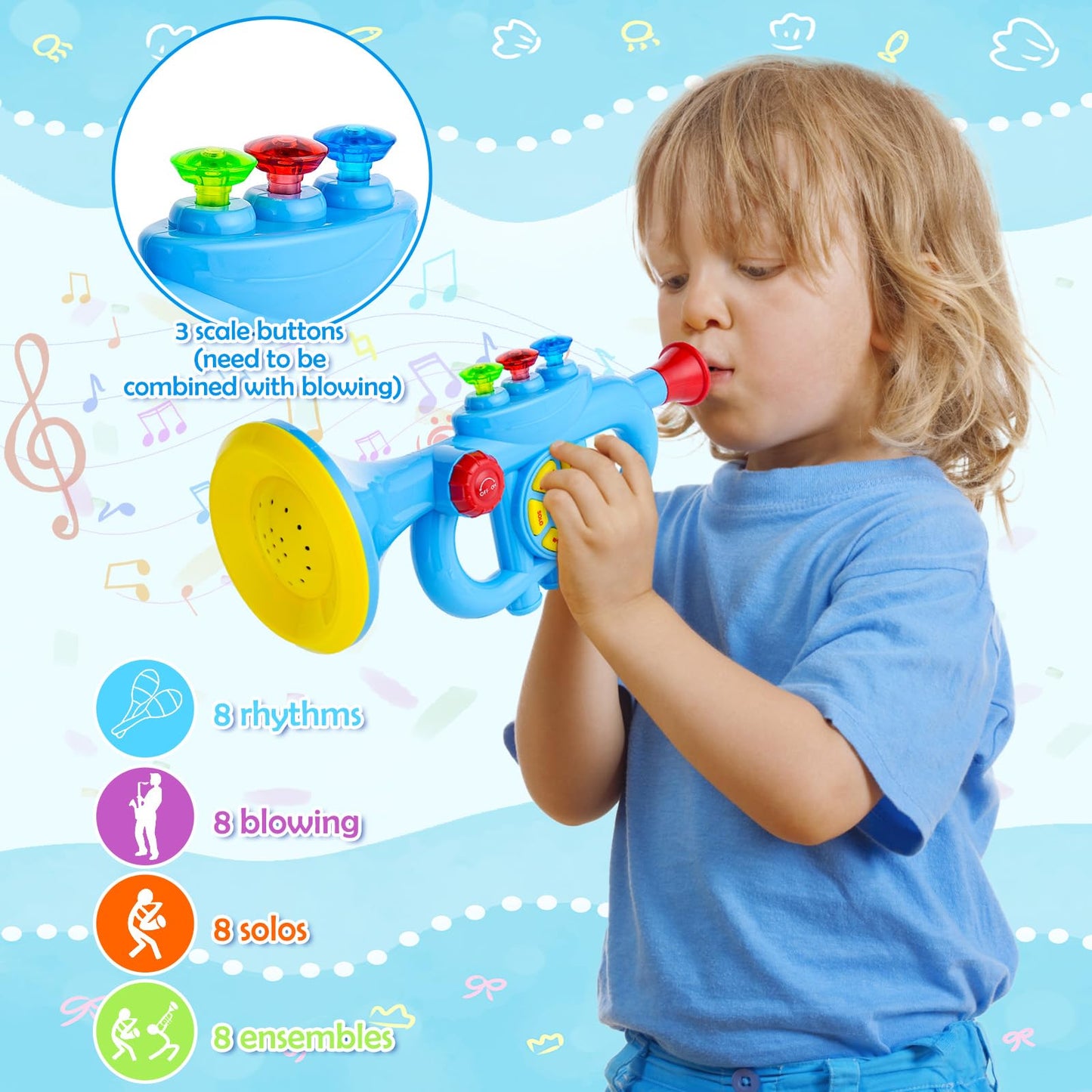 Children's trumpet toy, Luckits Portable Trumpet Horn with Music, Plastic Kids Trumpet Toy with Light Music, Song List, Trumpet Toy Gift for Boys Girls (Blue)