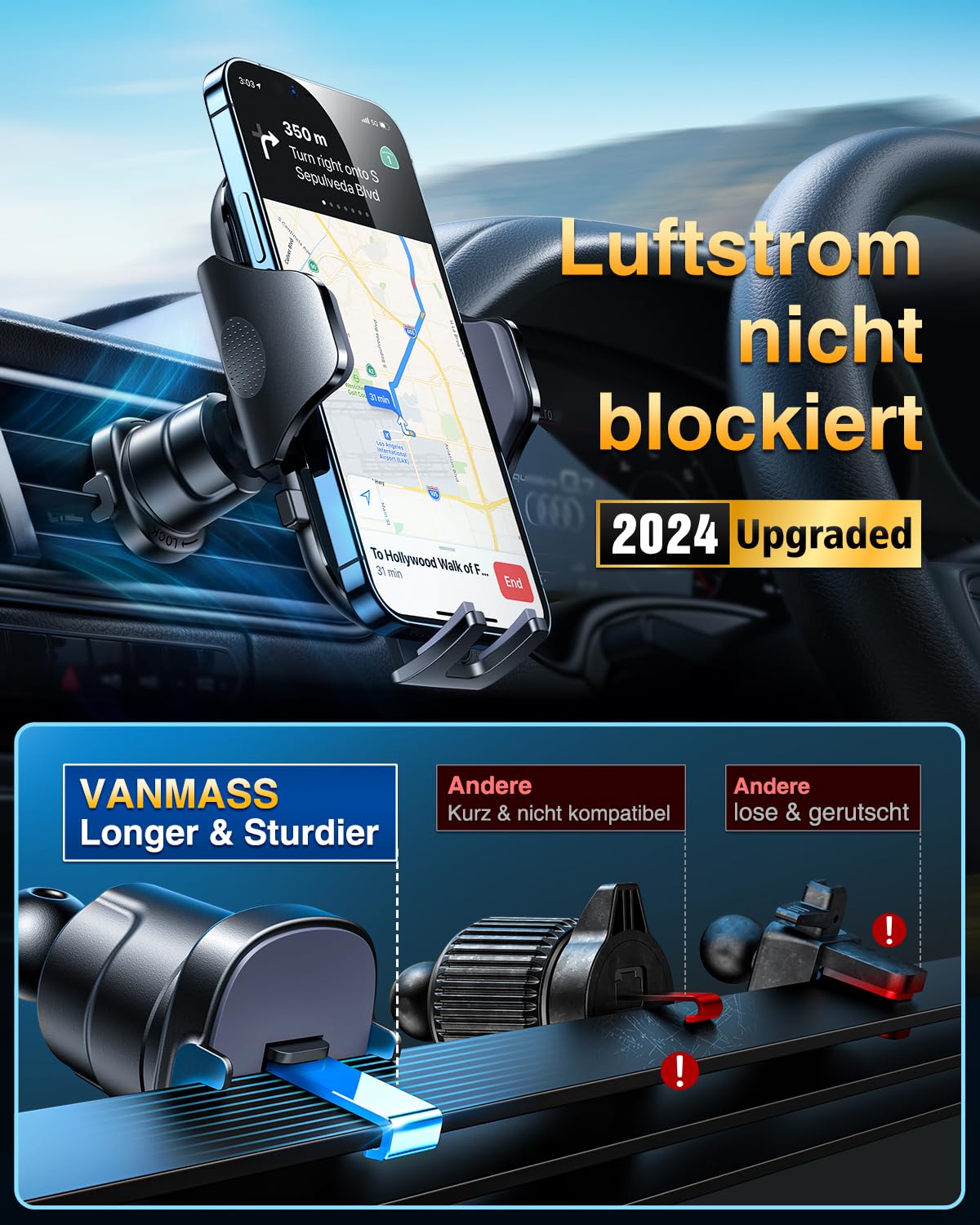 VANMASS Car Phone Holder Upgraded Adjustable Car Phone Mount Vent & Suction Cup Military Standard Smartphone Mount for iPhone 15 Samsung Huawei Mate 60 pro etc.