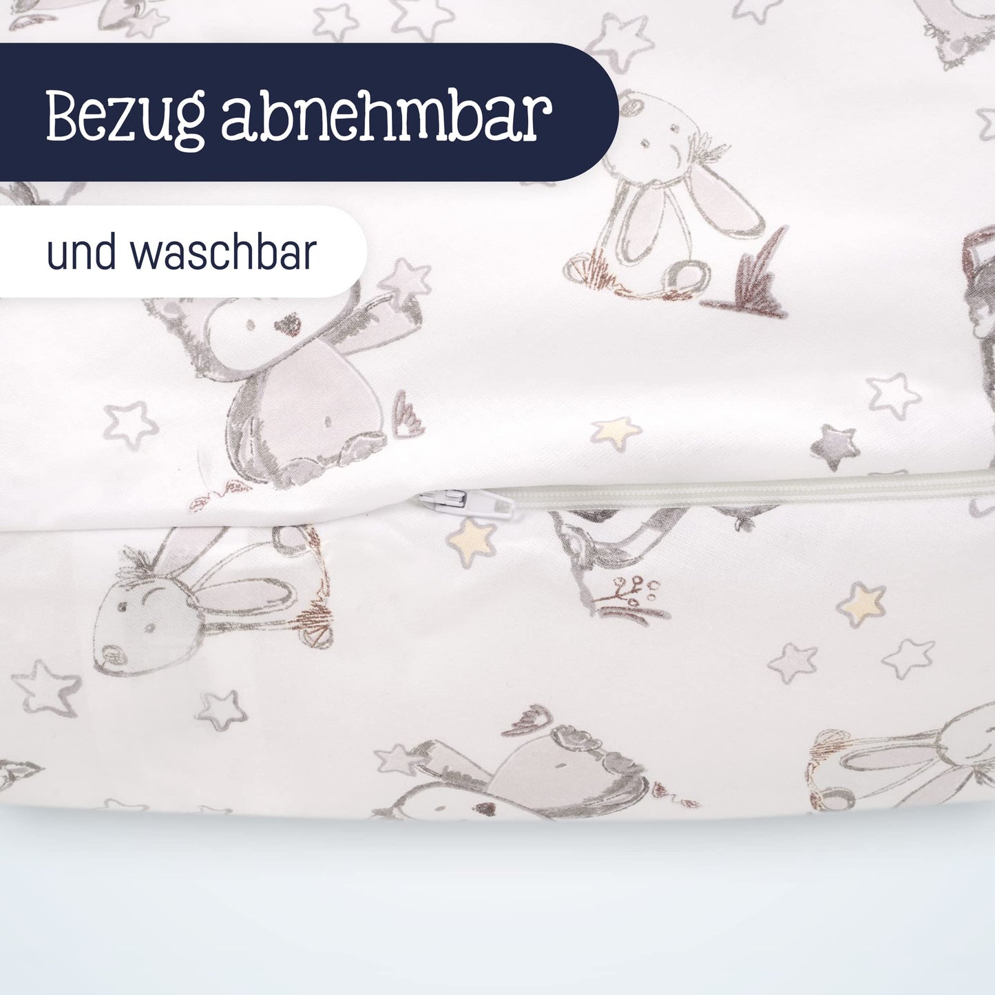 Julius Zöllner 4670016130 Breastfeeding pillow with bead filling, printed cotton, bunny and owl design, 190 cm