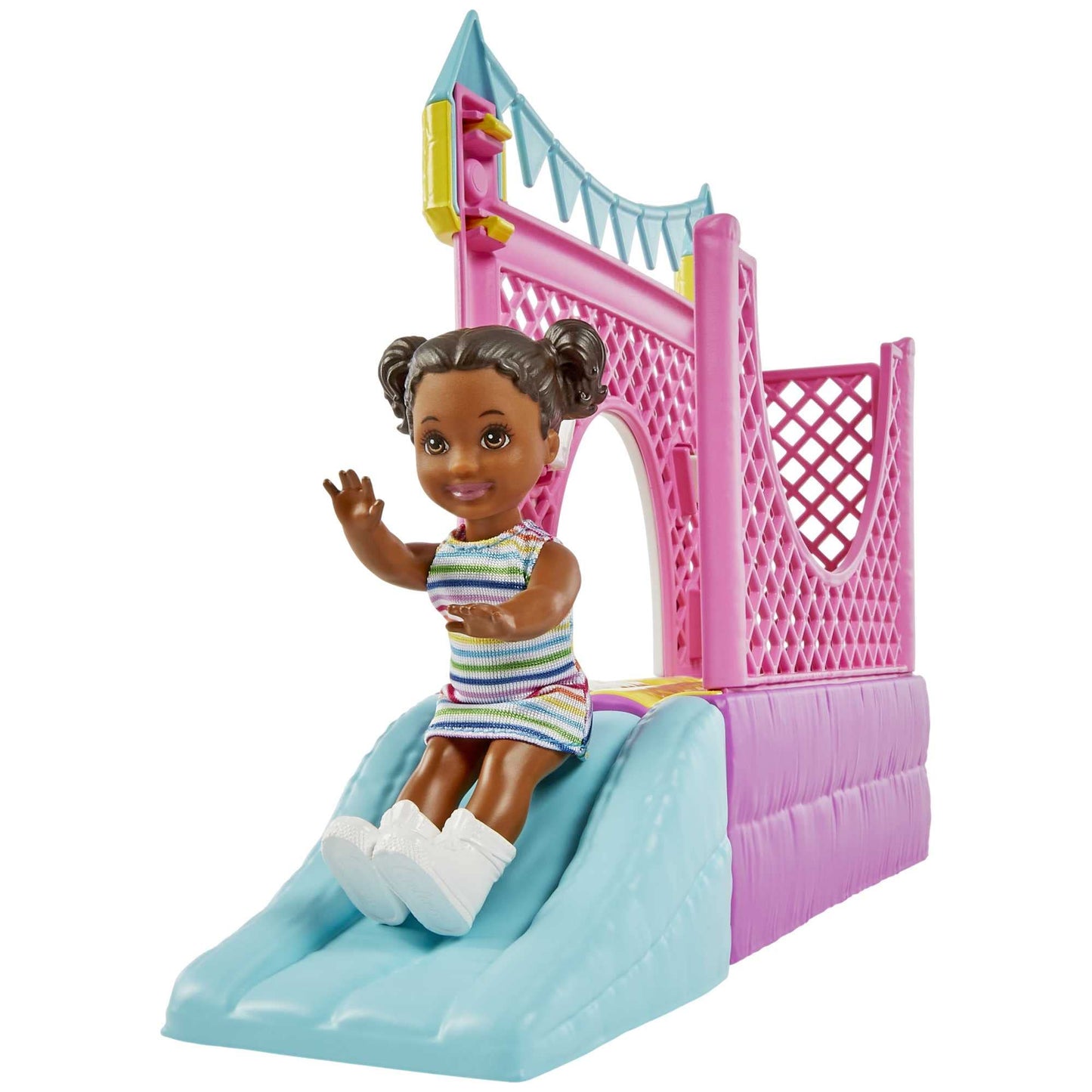Barbie Skipper Babysitter Inc Bounce House, includes 1 Skipper doll with brown and purple hair, 1 toddler with brown braids, swing, slide, accessories, gift for kids ages 3 and up.