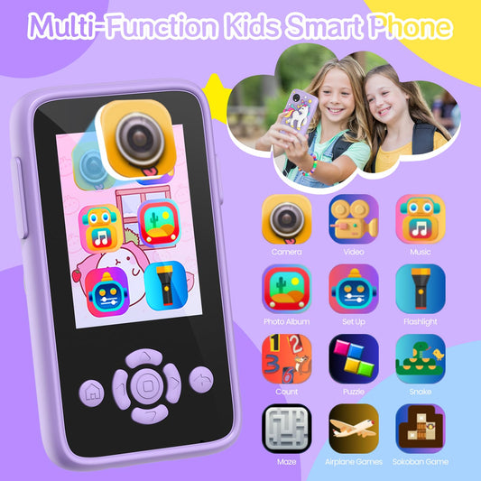 Children's mobile phone with music and games, 2.4" display kids camera with dual camera, 1080P HD kids phone with 32GB SD card, Christmas birthday unicorn gifts toy for 3-12 year old girls (purple)