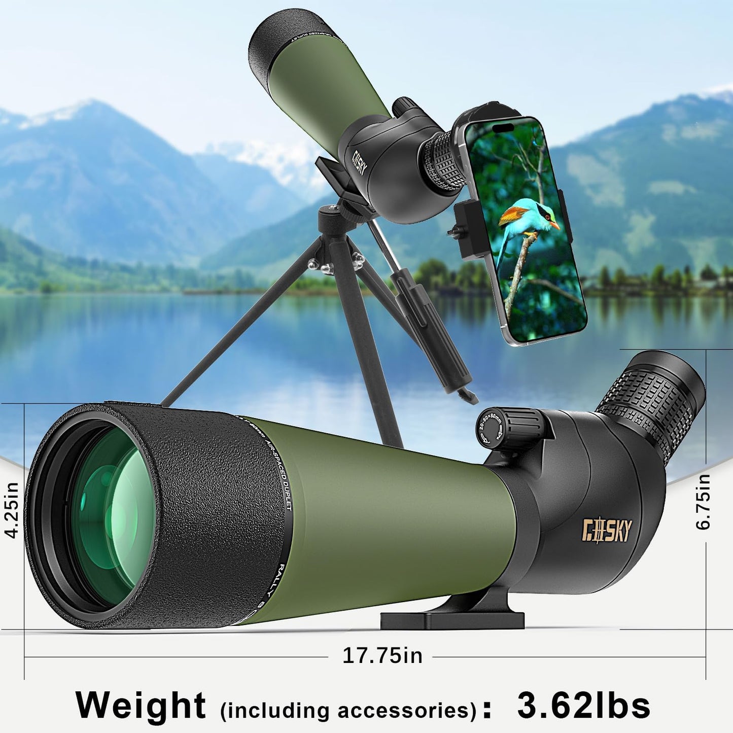 Gosky Spotting Scope Bird Watching 20-60x80 Porro Prism Scope for sports shooters - Waterproof Scope for Bird Watching Wildlife Scenery