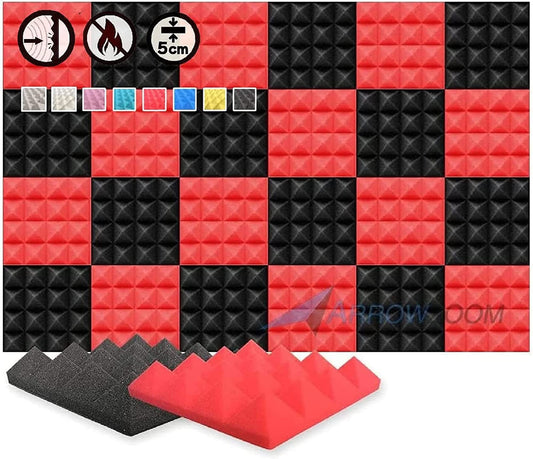 Arrowzoom 24 Acoustic Panels Acoustic Foam Mats Acoustic Foam 25x25x5cm Tiles Insulation Wall Decor Pyramid Wedge Foam Broadband Absorber Ceiling Foam Flame-Retardant Red Black