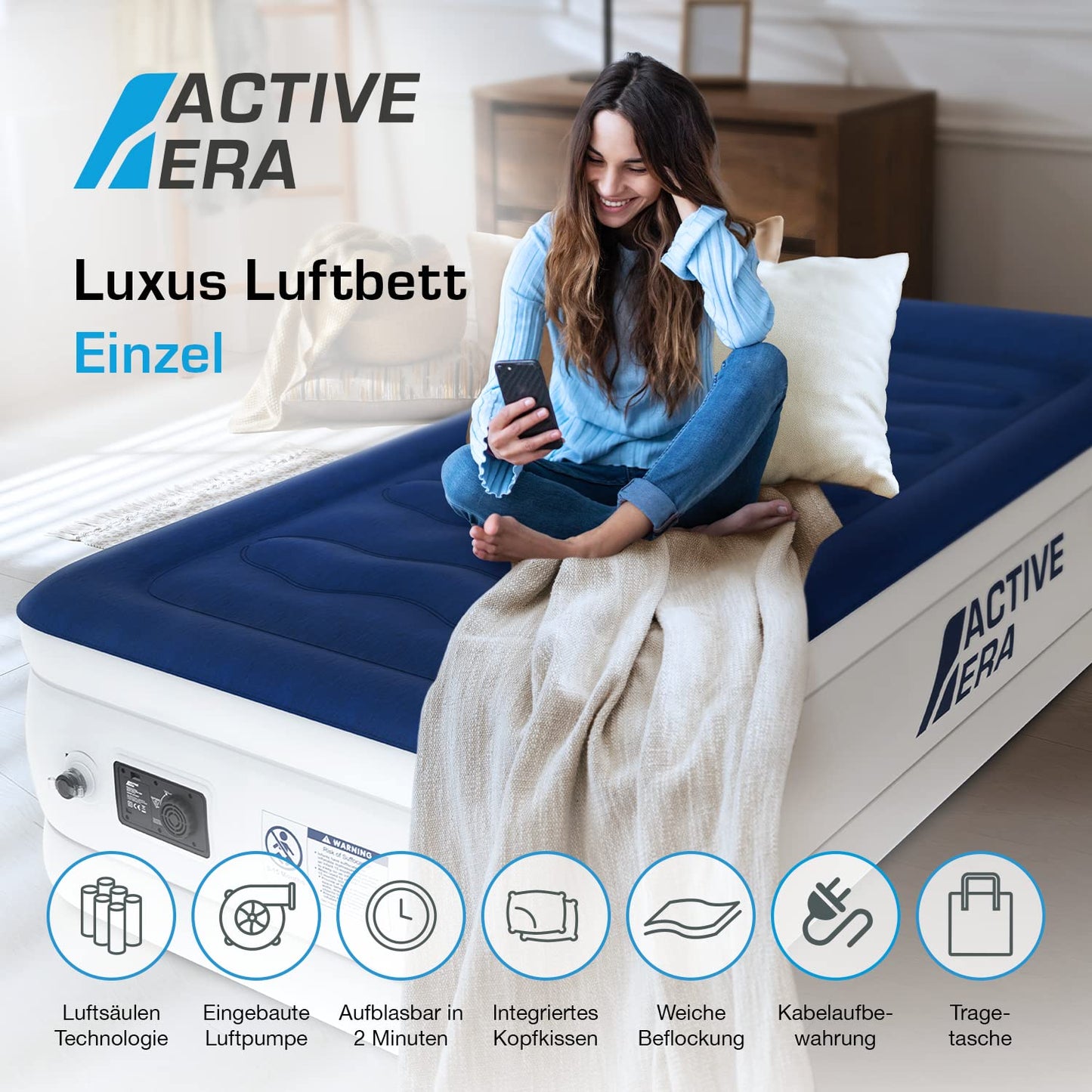 Active Era Luxury Air Bed for 1 Person, self-inflating air mattress with built-in electric pump & integrated pillow, Inflatable mattress for camping & guest bed - 99 x 191 x 53cm