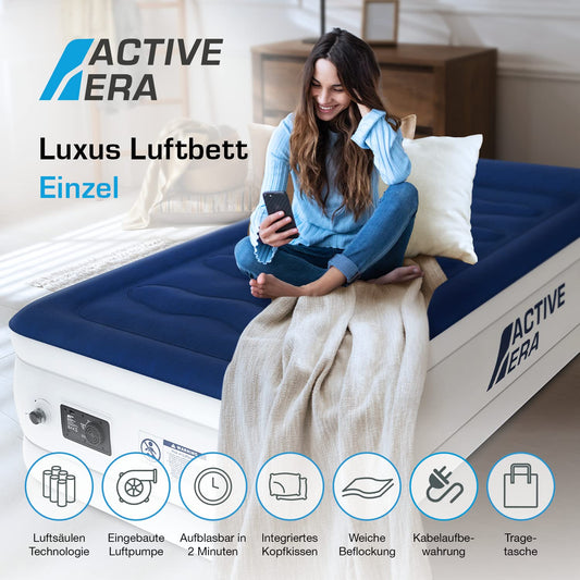 Active Era Luxury Air Bed for 1 Person, self-inflating air mattress with built-in electric pump & integrated pillow, Inflatable mattress for camping & guest bed - 99 x 191 x 53cm