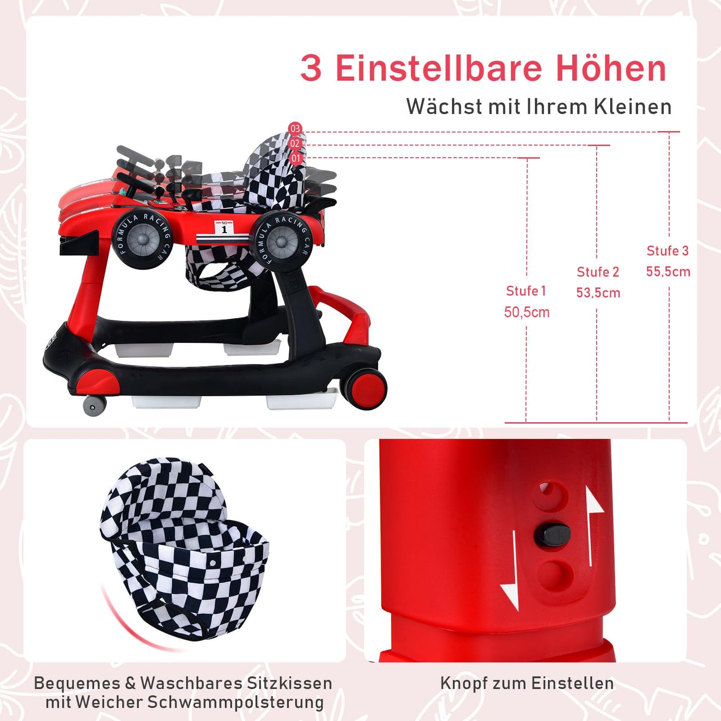 COSTWAY 4 in 1 baby walker, foldable with adjustable height & speed, car-shaped with music box, lights & wheels, baby walker for up to 6 months old babies, can support up to 12kg (Red)