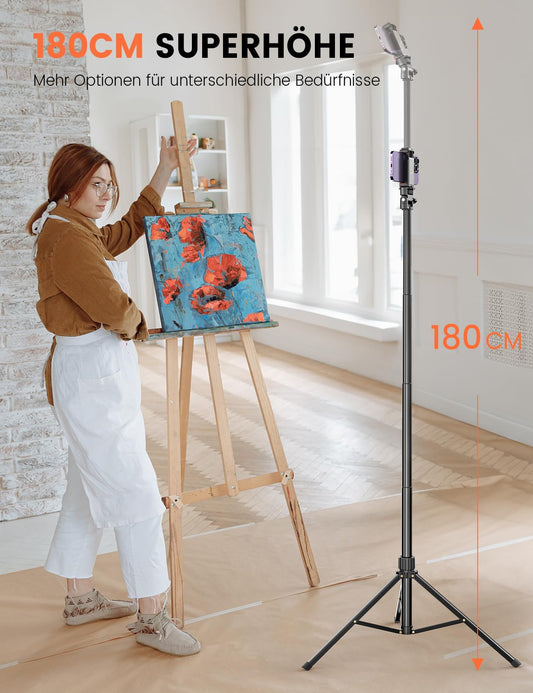 180cm phone tripod for smartphone, Stable Extendable Aluminum Rods & Larger and longer tripod legs, Phone tripod holder with remote shutter Compatible Smartphone