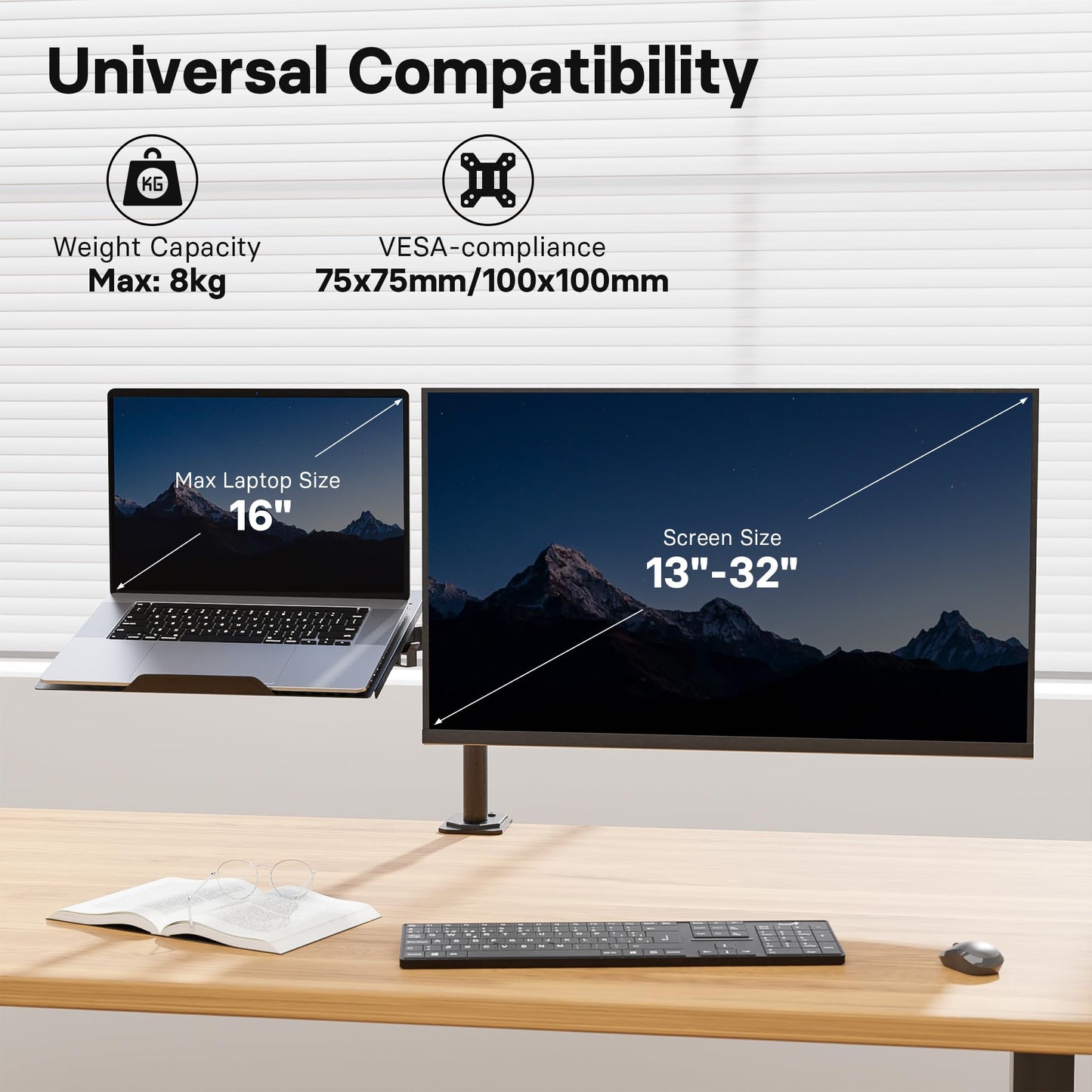 Redbat Monitor Arm with Laptop Tray, Dual Screens, Fully Adjustable for 13 to 32 inch LCD LED Monitor up to 8kg & Notebook up to 16 inch, Tilt, Swivel & Rotate, 2 Mounting Options