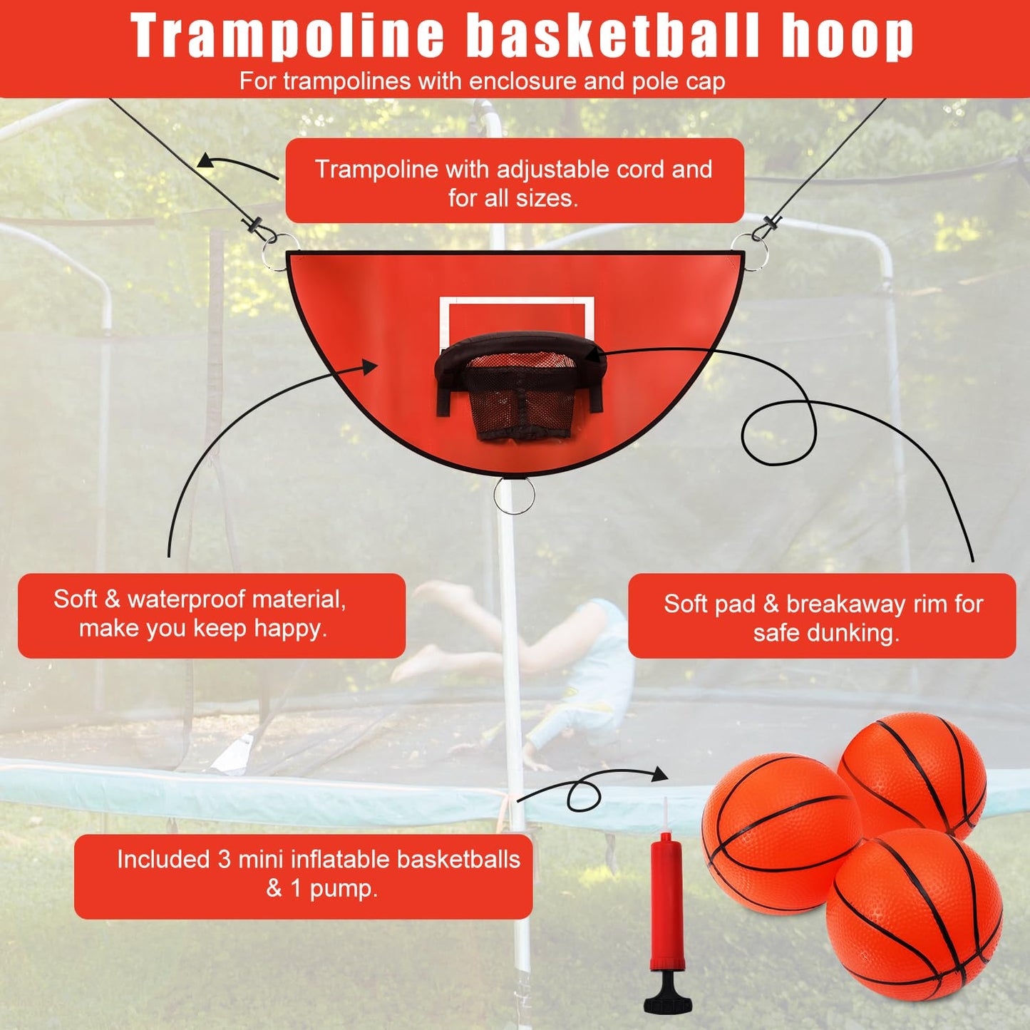 Trampoline basketball hoop, tearaway rim for dunking Trampoline basketball attachment with mini basketballs Trampoline accessory for kids, adults for indoor and outdoor use (Red)